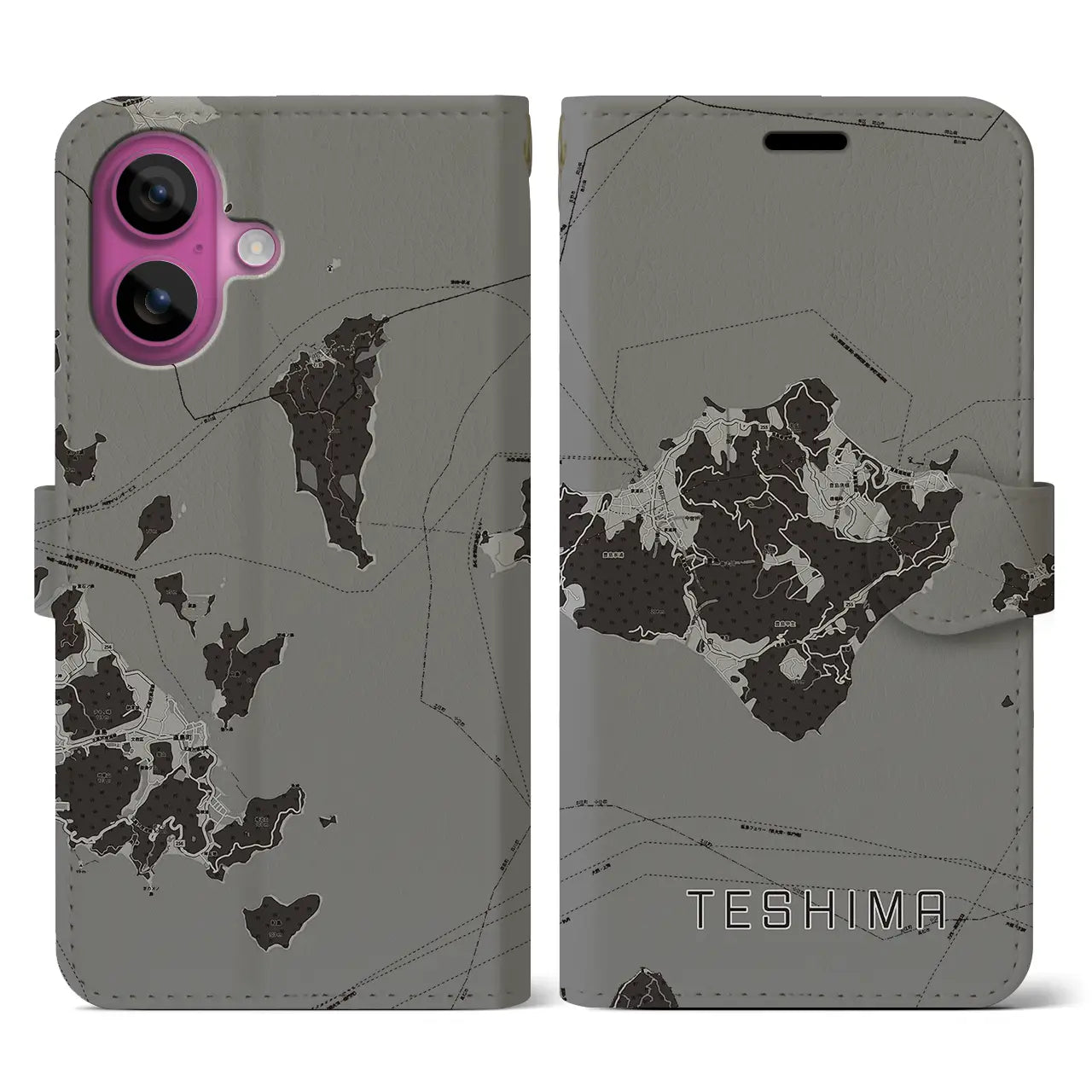 【豊島(香川県)】地図柄iPhoneケース(手帳タイプ)モノトーン・iPhone 16 Pro 用