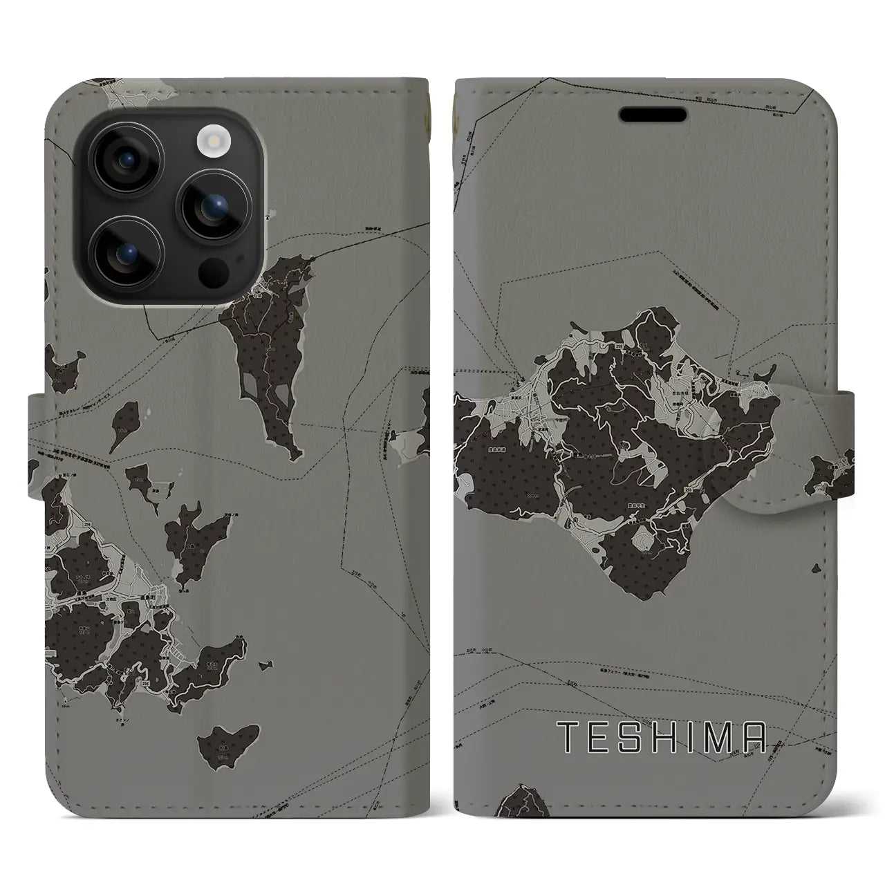 【豊島(香川県)】地図柄iPhoneケース(手帳タイプ)モノトーン・iPhone 16 用