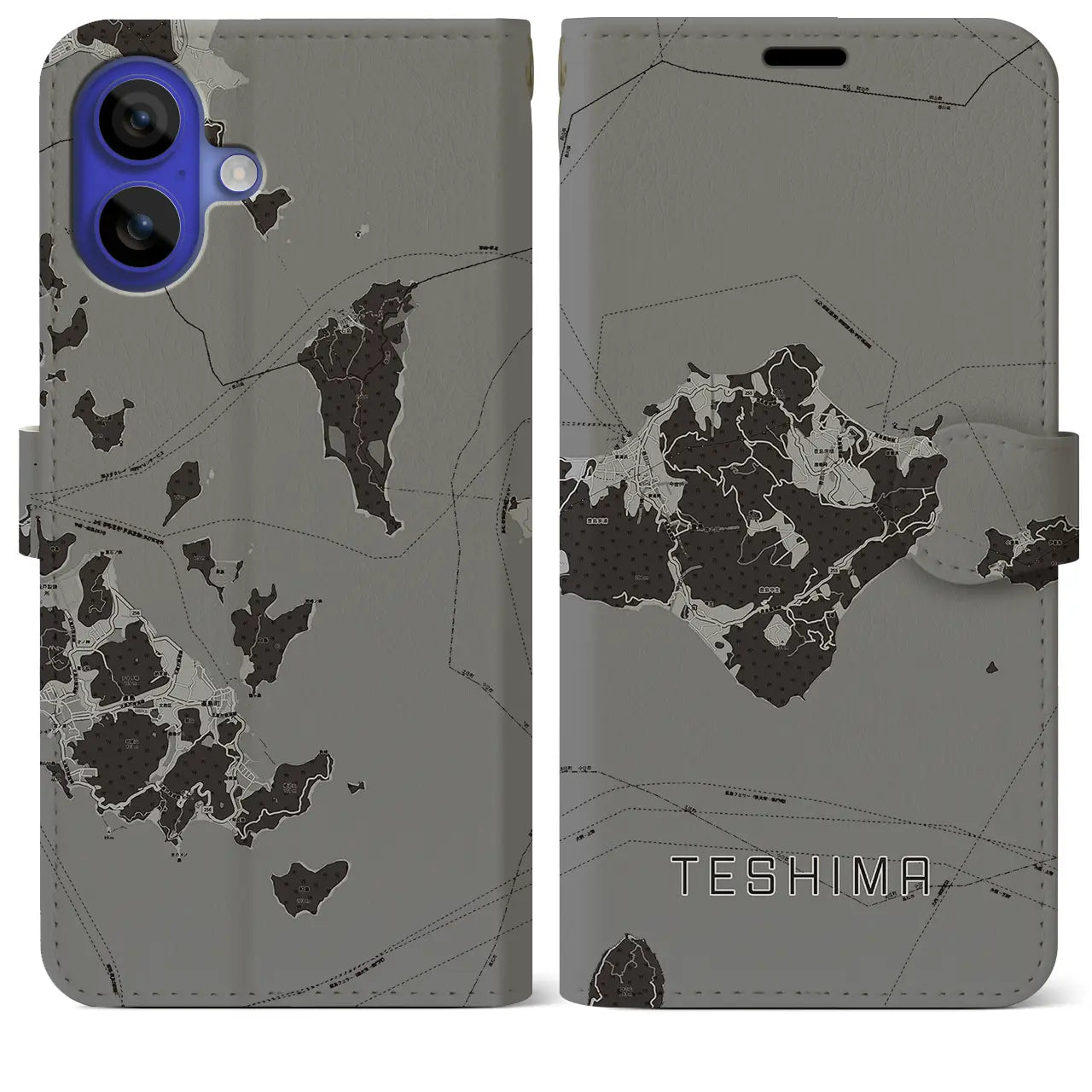 【豊島(香川県)】地図柄iPhoneケース(手帳タイプ)モノトーン・iPhone 16 Pro Max 用