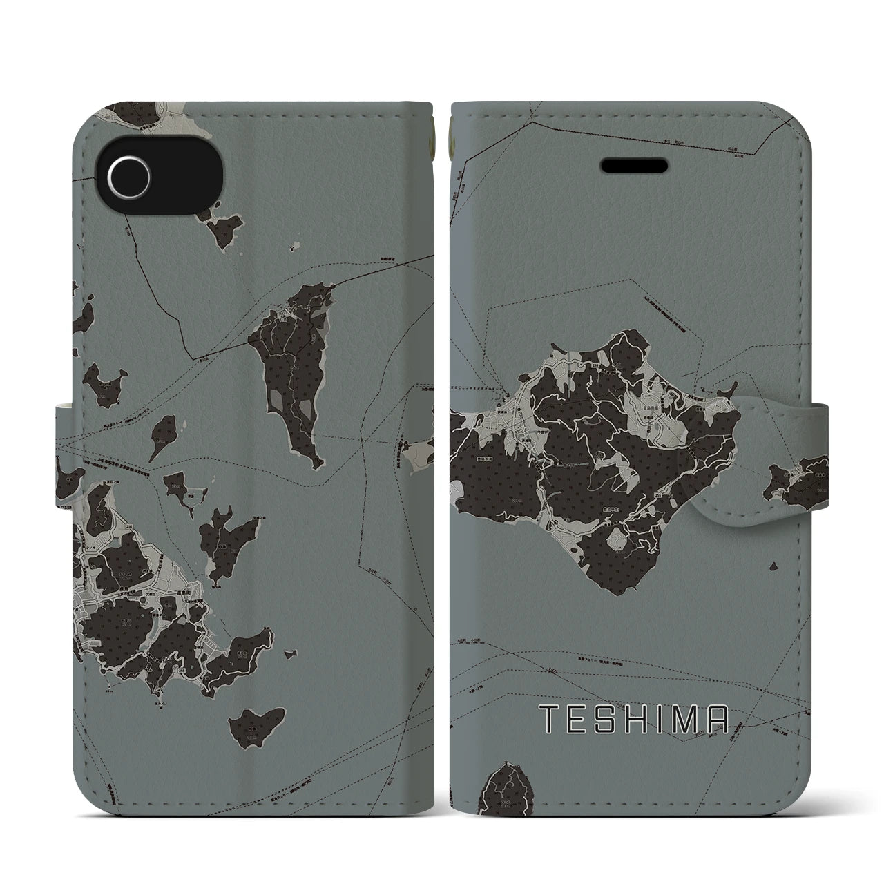 【豊島(香川県)】地図柄iPhoneケース(手帳タイプ)モノトーン・iPhone SE(第3 / 第2世代) / 8 / 7 / 6s / 6 用