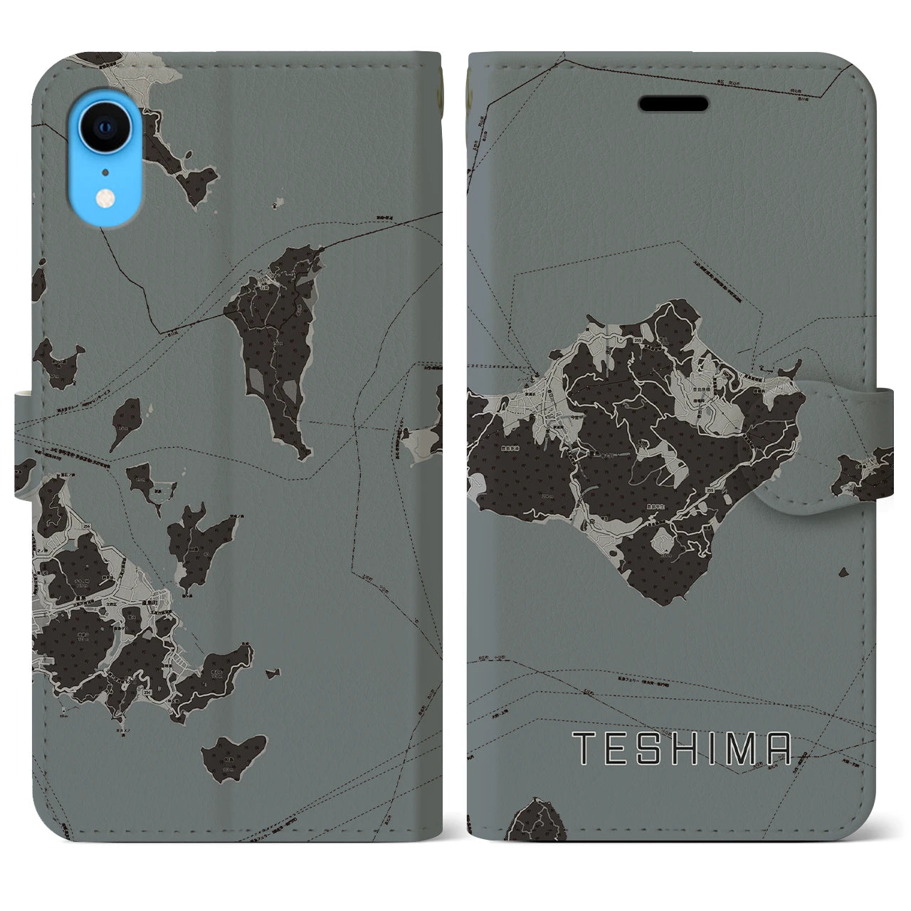 【豊島(香川県)】地図柄iPhoneケース(手帳タイプ)モノトーン・iPhone XR 用