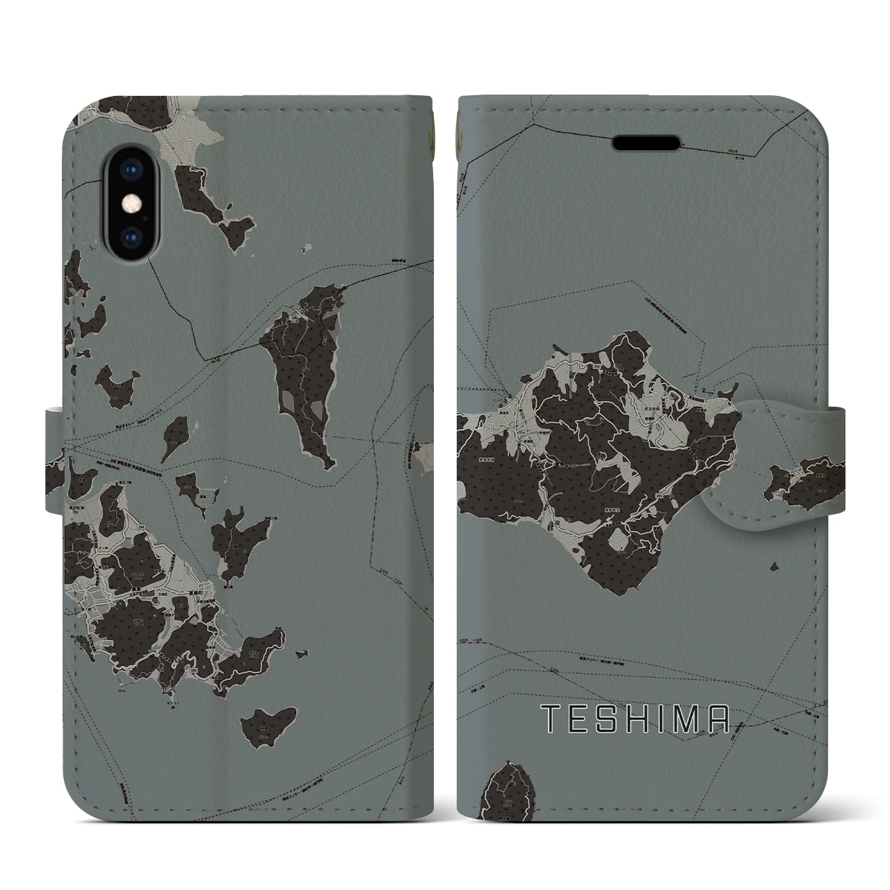 【豊島(香川県)】地図柄iPhoneケース(手帳タイプ)モノトーン・iPhone XS / X 用