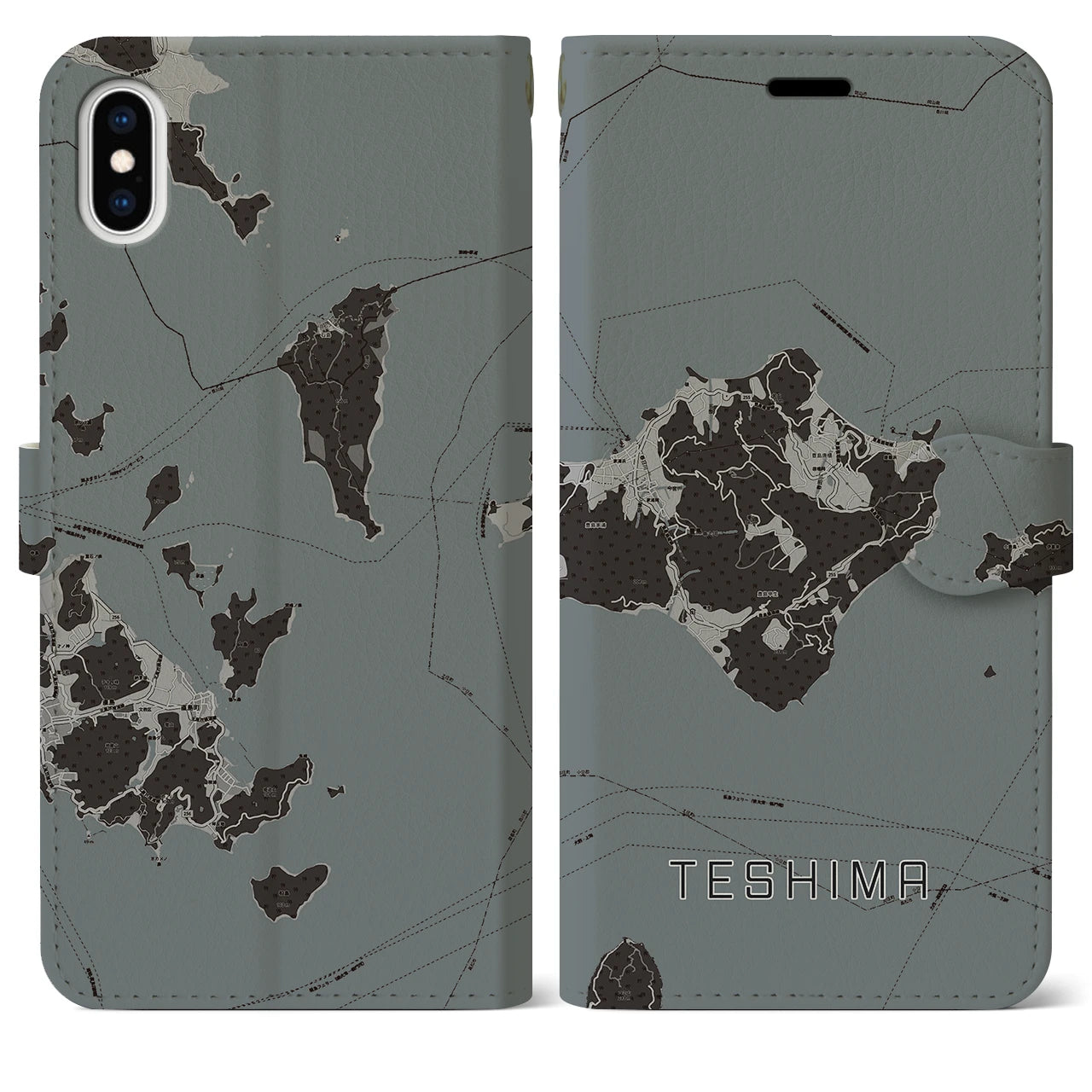 【豊島(香川県)】地図柄iPhoneケース(手帳タイプ)モノトーン・iPhone XS Max 用