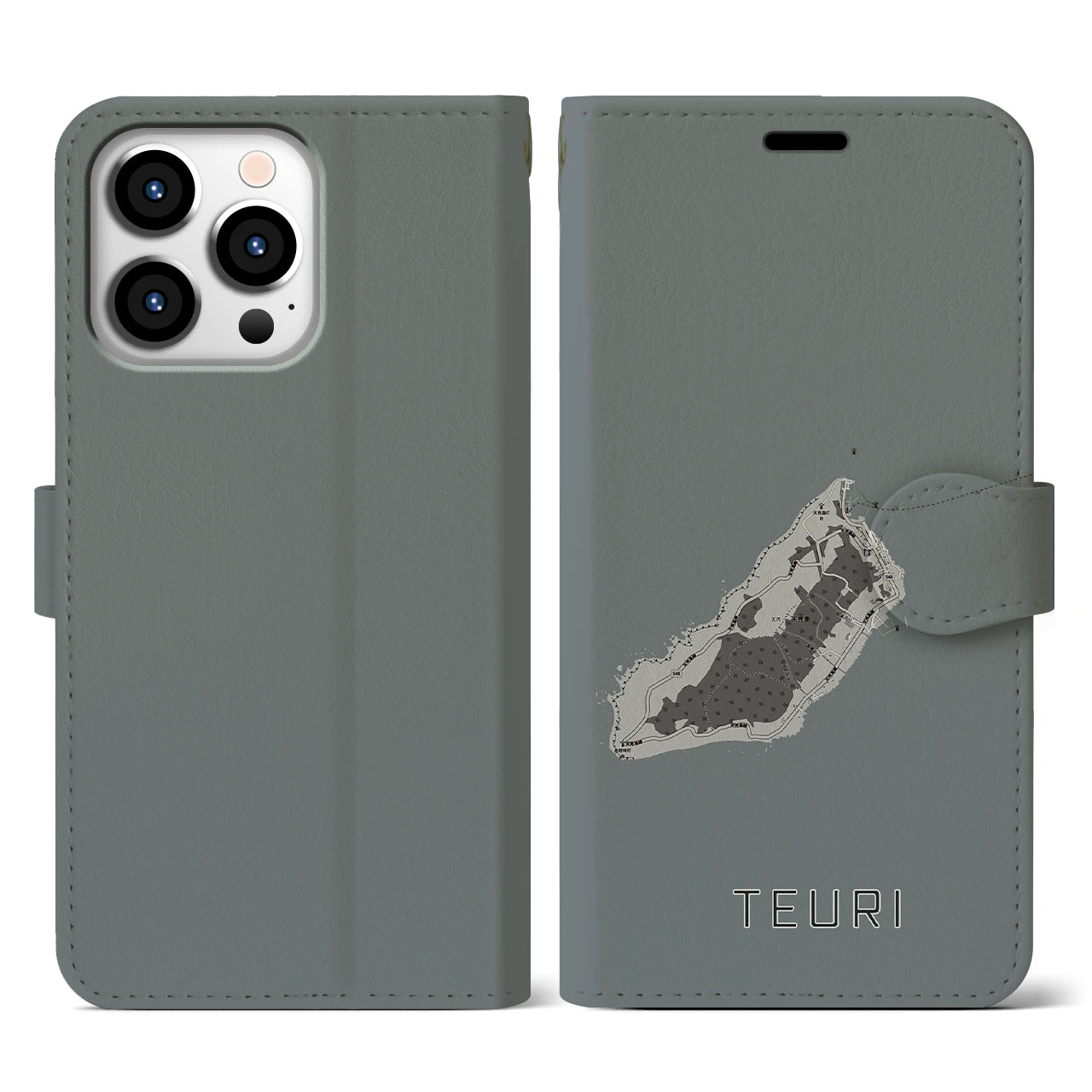 【天売(北海道)】地図柄iPhoneケース(手帳タイプ)モノトーン・iPhone 13 Pro 用