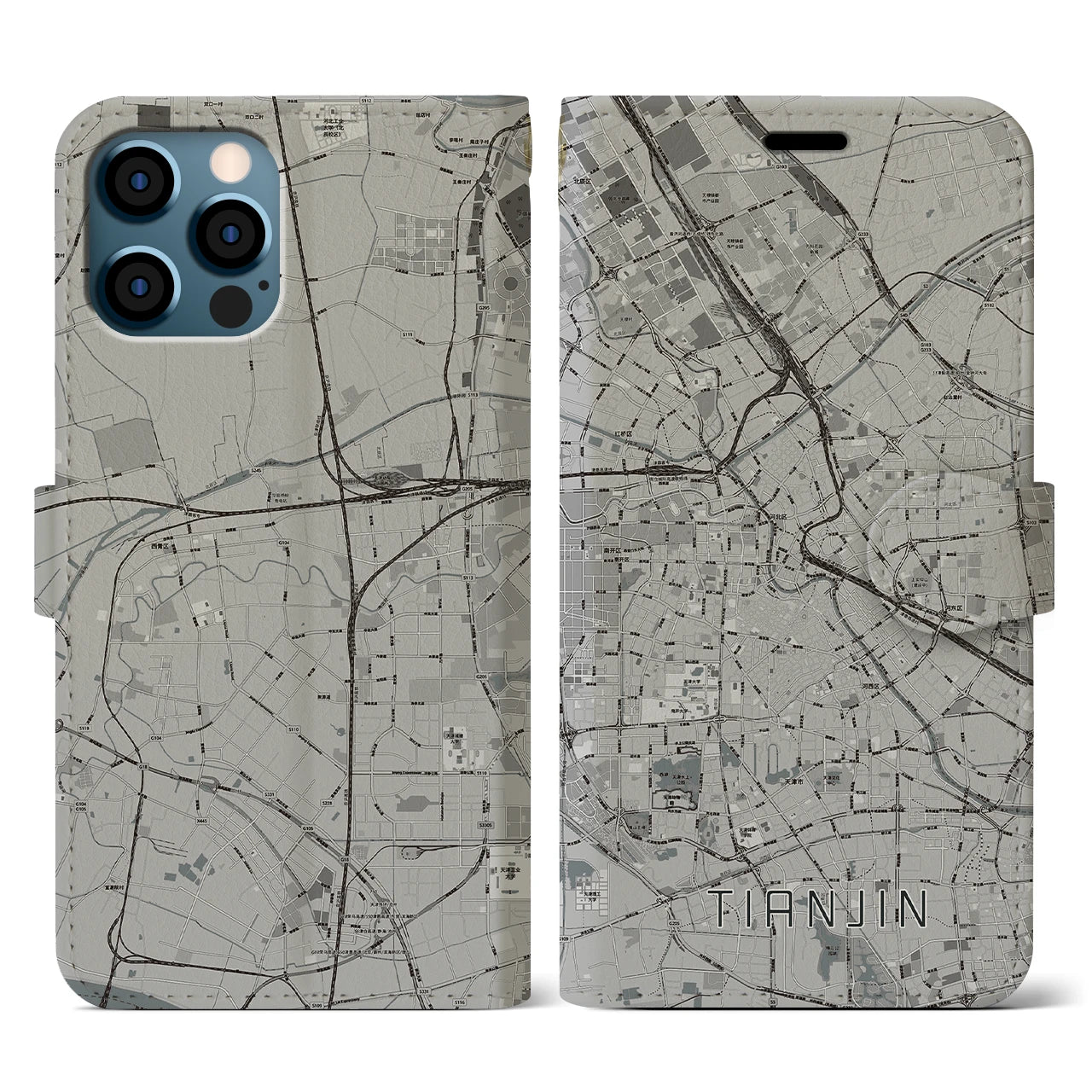 【天津(中華人民共和国)】地図柄iPhoneケース(手帳タイプ)モノトーン・iPhone 12 / 12 Pro 用