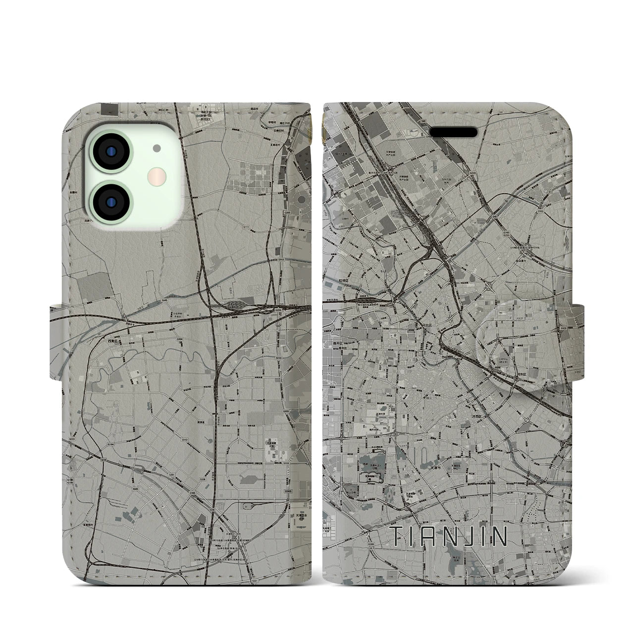 【天津(中華人民共和国)】地図柄iPhoneケース(手帳タイプ)モノトーン・iPhone 12 mini 用