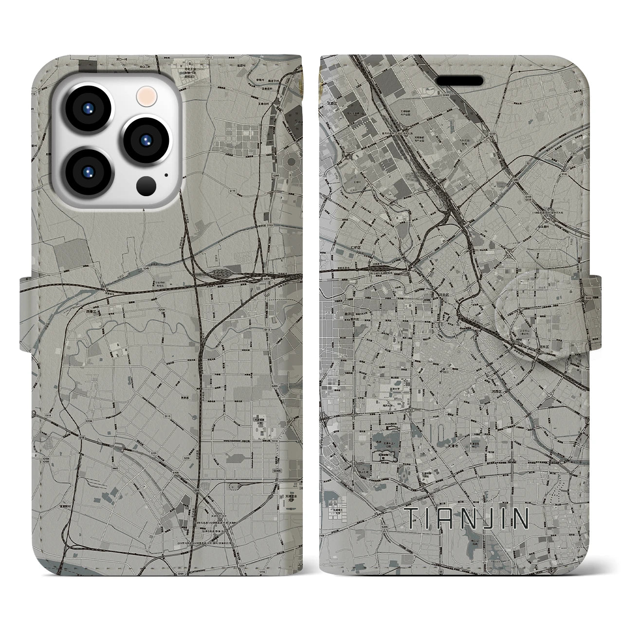 【天津(中華人民共和国)】地図柄iPhoneケース(手帳タイプ)モノトーン・iPhone 13 Pro 用
