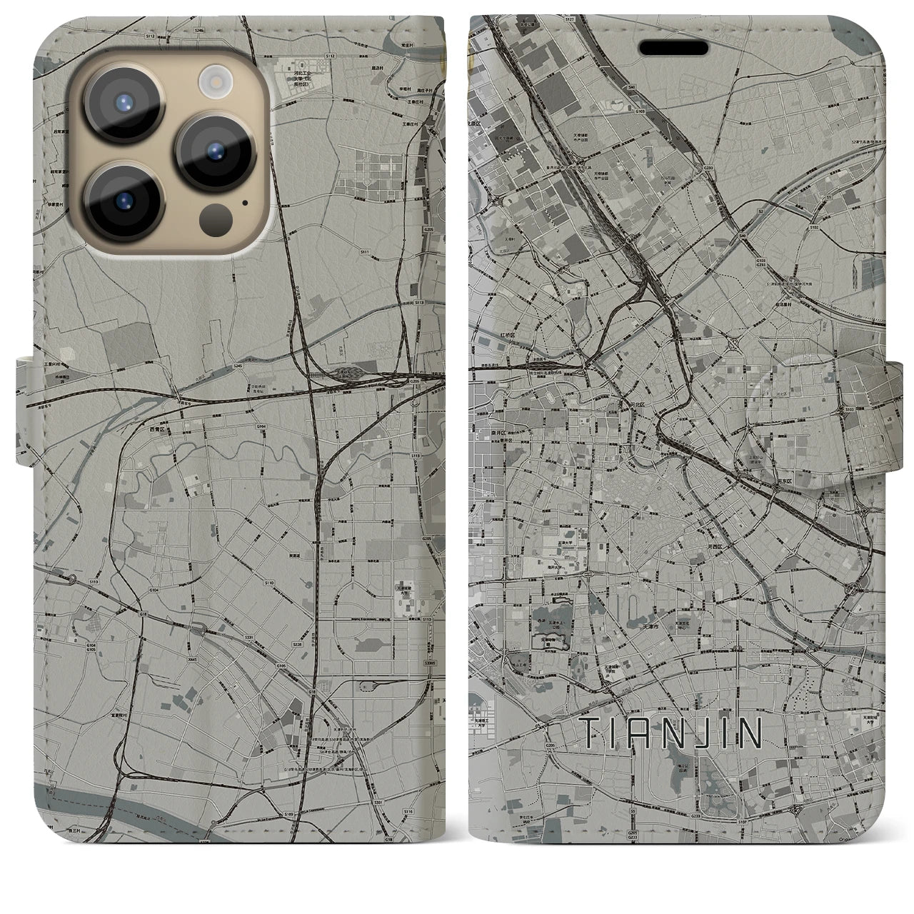 【天津(中華人民共和国)】地図柄iPhoneケース(手帳タイプ)モノトーン・iPhone 14 Pro Max 用