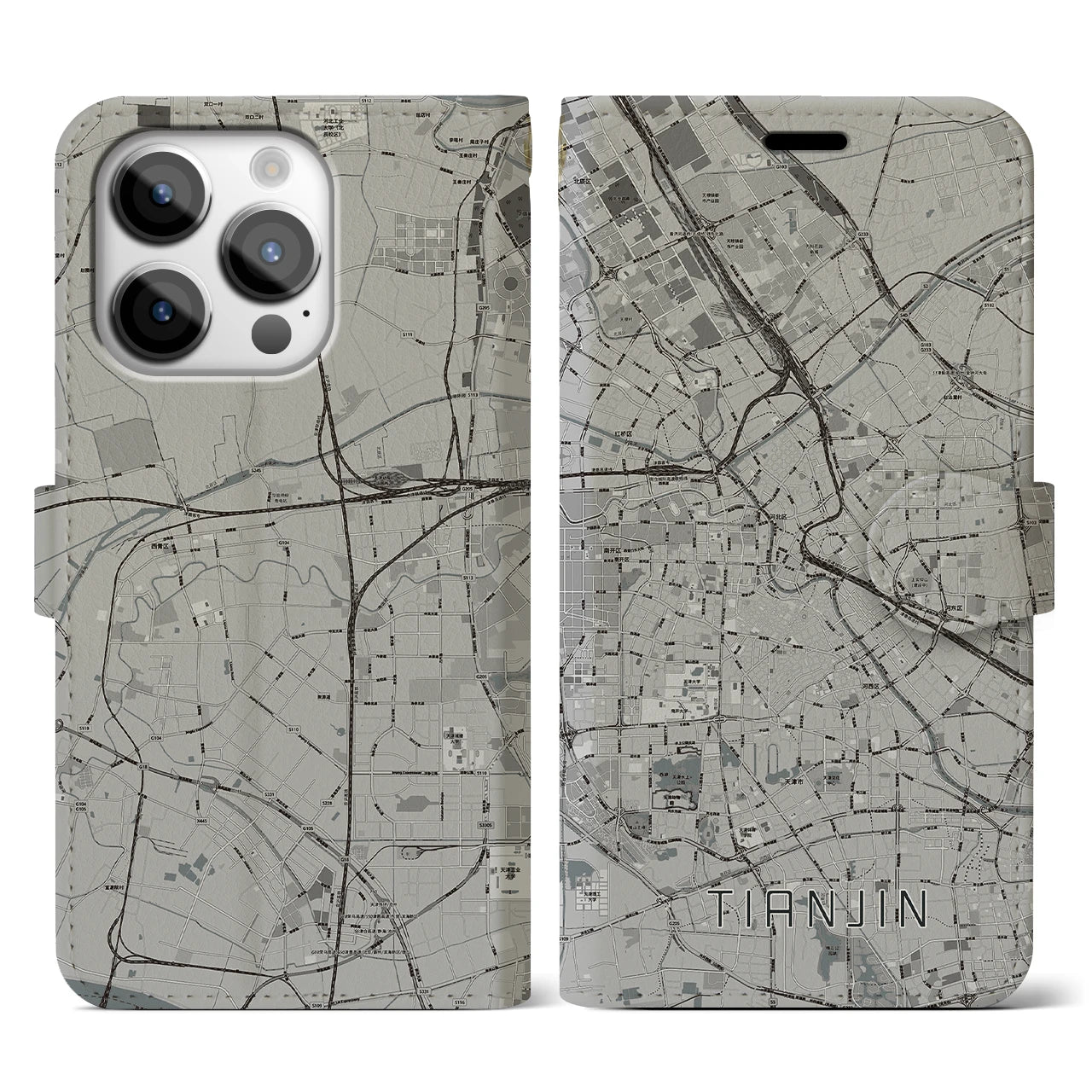 【天津(中華人民共和国)】地図柄iPhoneケース(手帳タイプ)モノトーン・iPhone 14 Pro 用