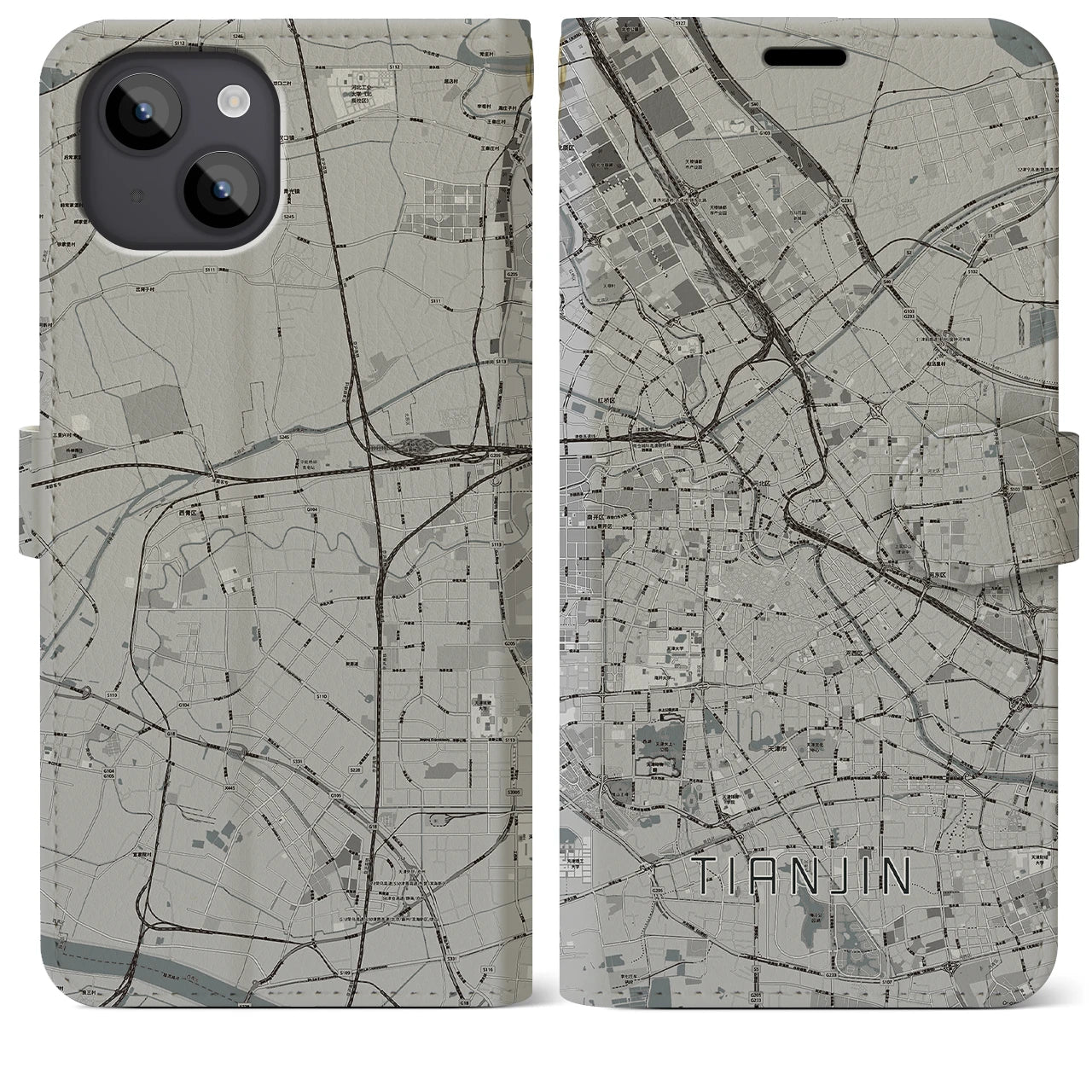 【天津(中華人民共和国)】地図柄iPhoneケース(手帳タイプ)モノトーン・iPhone 14 Plus 用