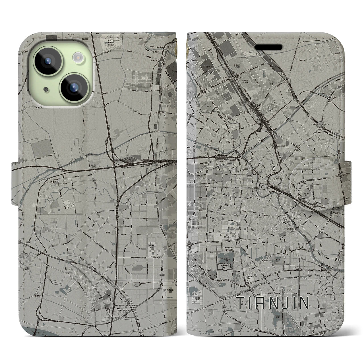 【天津(中華人民共和国)】地図柄iPhoneケース(手帳タイプ)モノトーン・iPhone 15 用