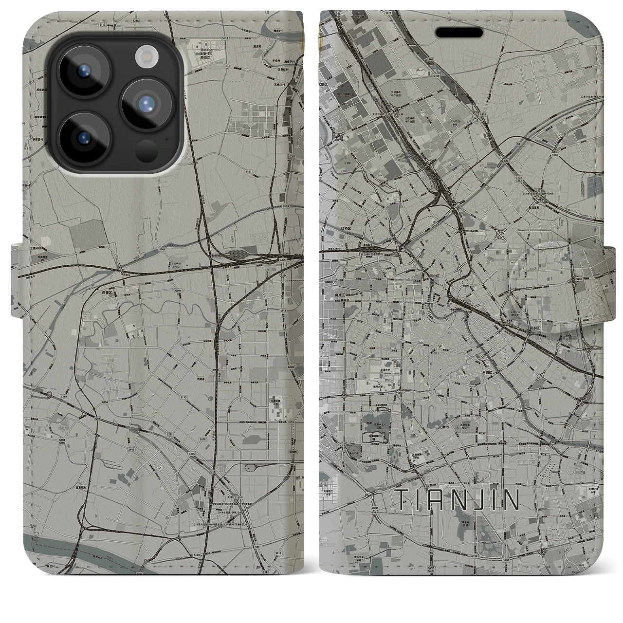 【天津(中華人民共和国)】地図柄iPhoneケース(手帳タイプ)モノトーン・iPhone 15 Pro Max 用