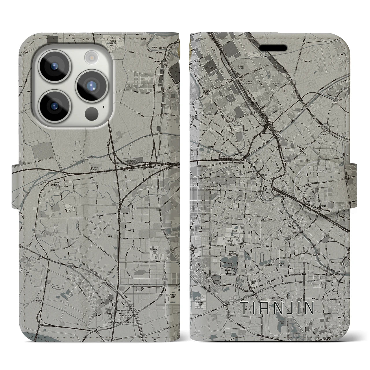 【天津(中華人民共和国)】地図柄iPhoneケース(手帳タイプ)モノトーン・iPhone 15 Pro 用