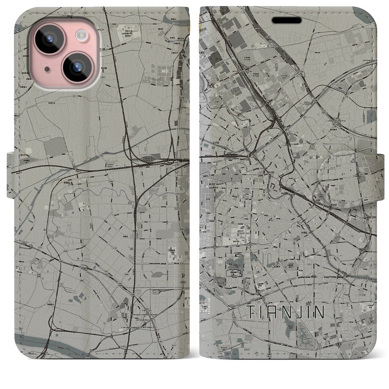 【天津(中華人民共和国)】地図柄iPhoneケース(手帳タイプ)モノトーン・iPhone 15 Plus 用