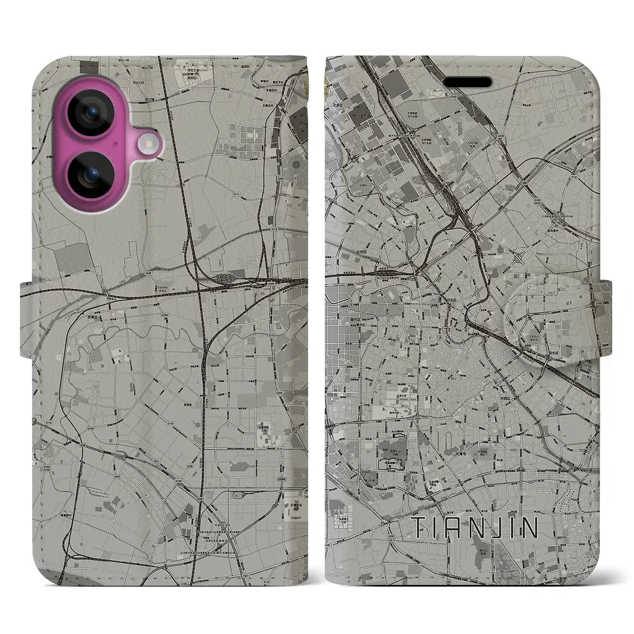 【天津(中華人民共和国)】地図柄iPhoneケース(手帳タイプ)モノトーン・iPhone 16 Pro 用