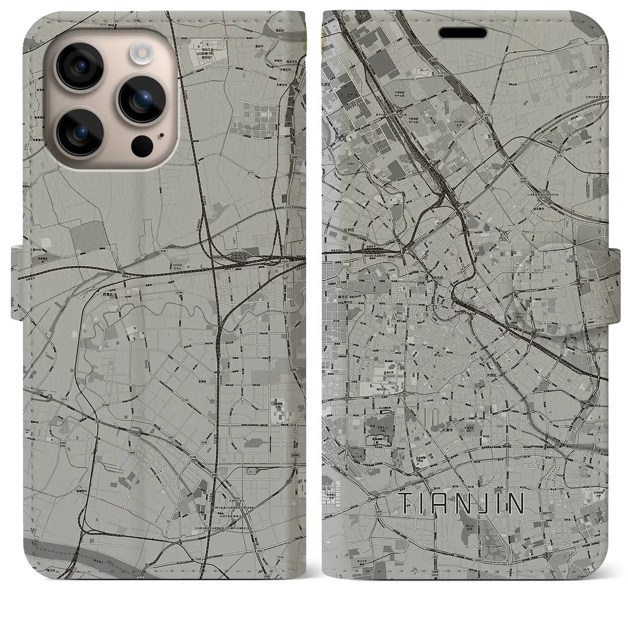 【天津(中華人民共和国)】地図柄iPhoneケース(手帳タイプ)モノトーン・iPhone 16 Plus 用