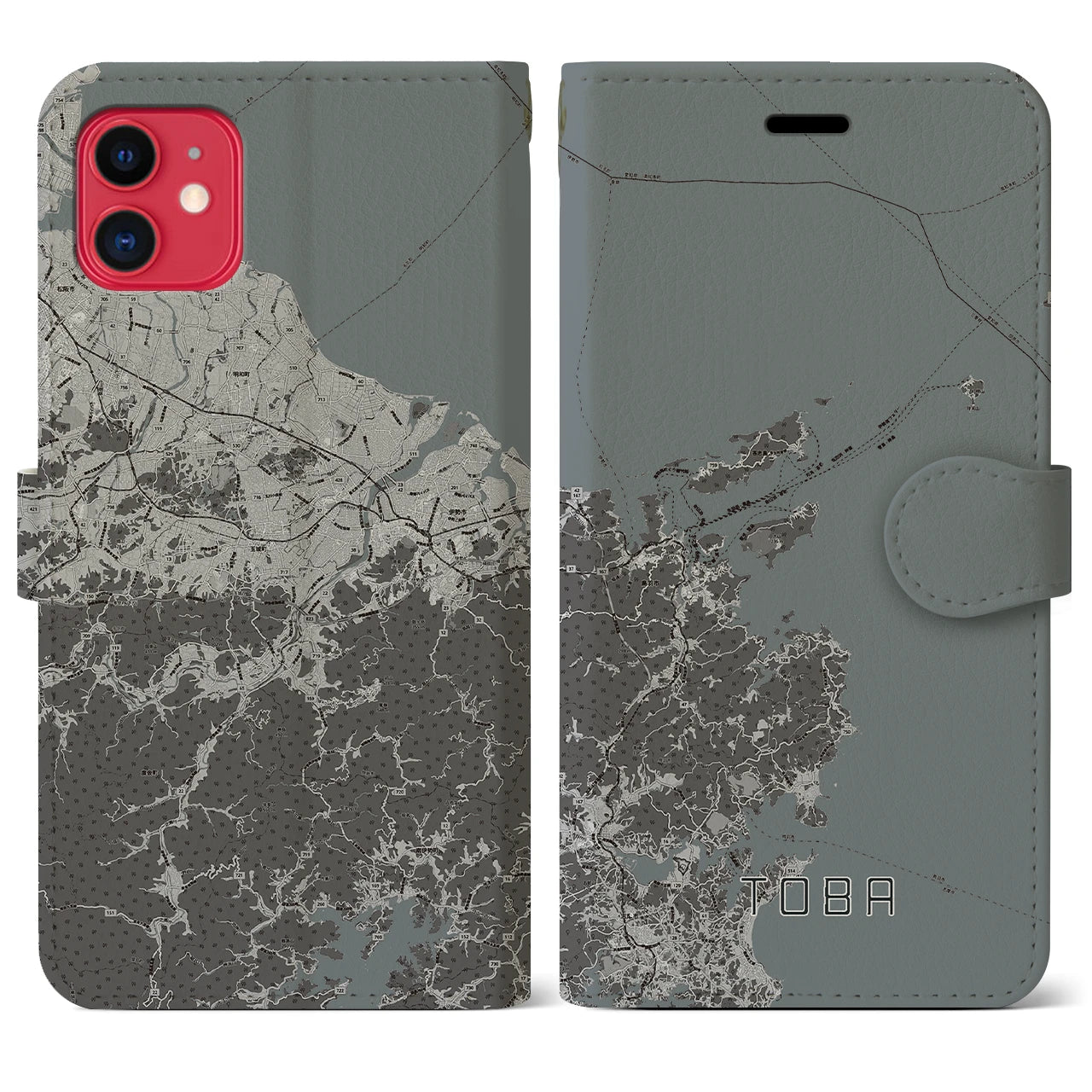 【鳥羽(三重県)】地図柄iPhoneケース(手帳タイプ)モノトーン・iPhone 11 用