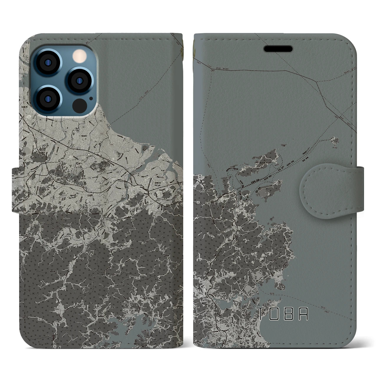 【鳥羽(三重県)】地図柄iPhoneケース(手帳タイプ)モノトーン・iPhone 12 / 12 Pro 用