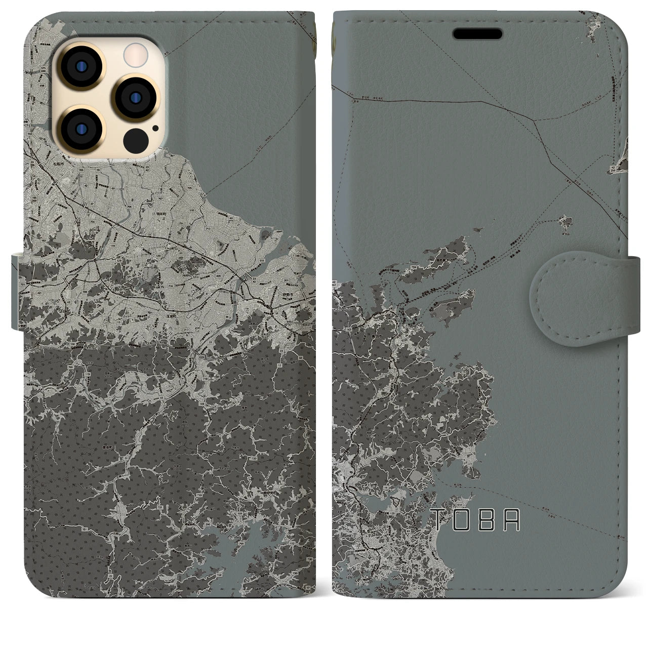 【鳥羽(三重県)】地図柄iPhoneケース(手帳タイプ)モノトーン・iPhone 12 Pro Max 用