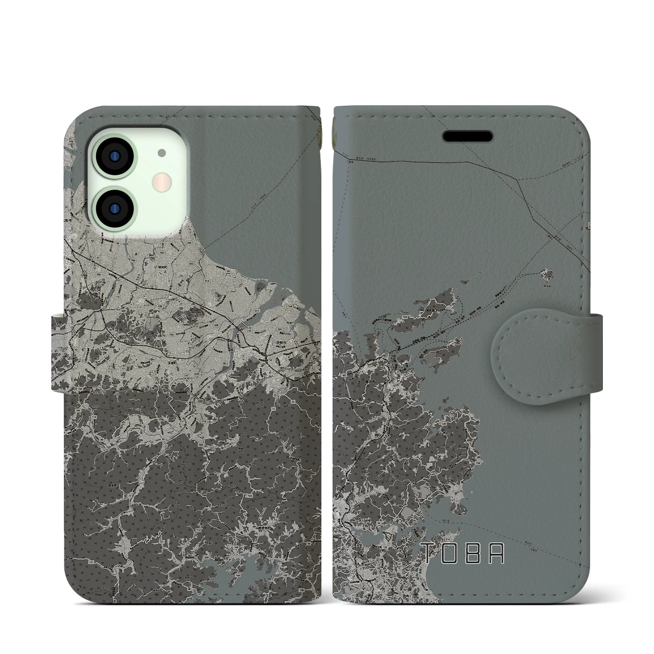 【鳥羽(三重県)】地図柄iPhoneケース(手帳タイプ)モノトーン・iPhone 12 mini 用