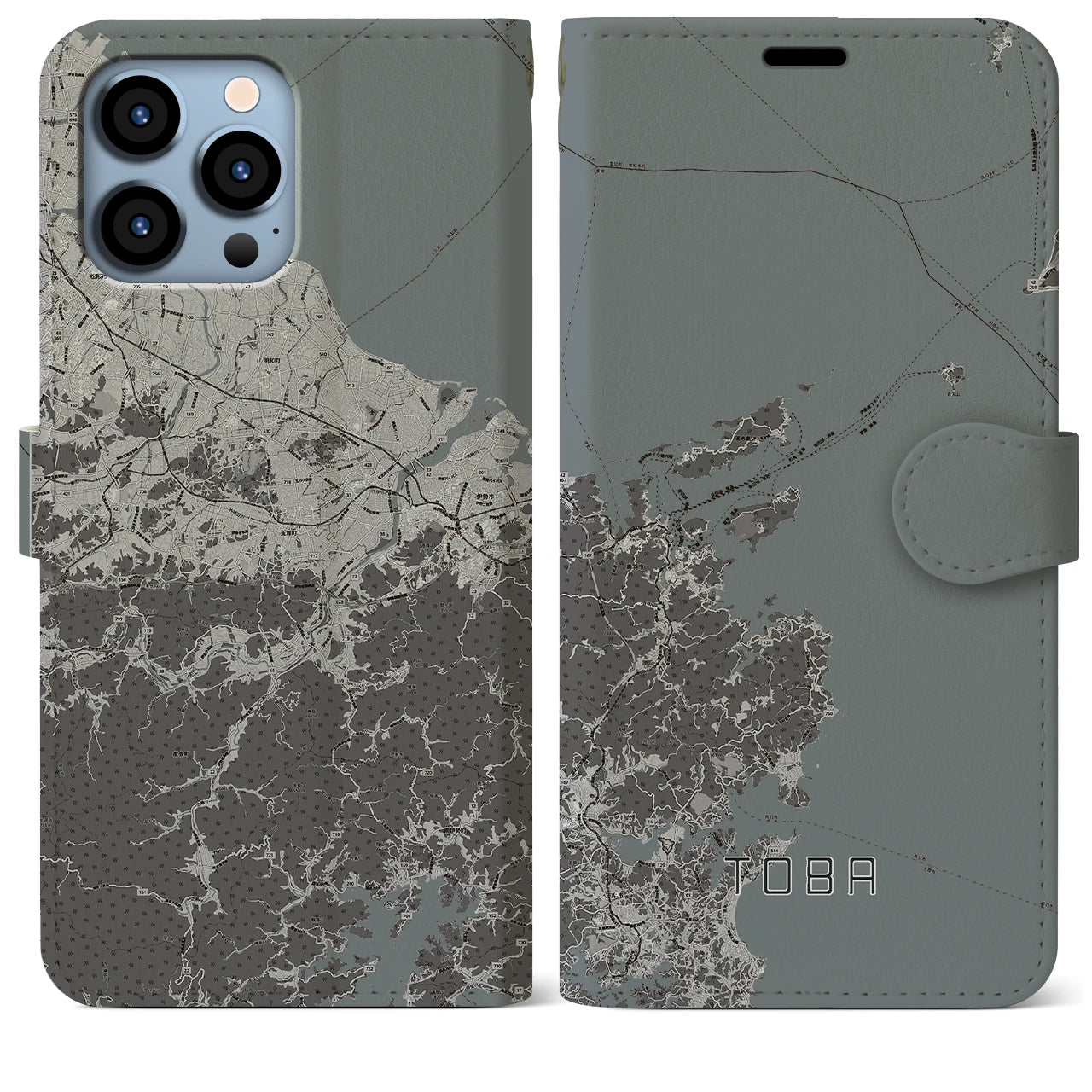 【鳥羽(三重県)】地図柄iPhoneケース(手帳タイプ)モノトーン・iPhone 13 Pro Max 用