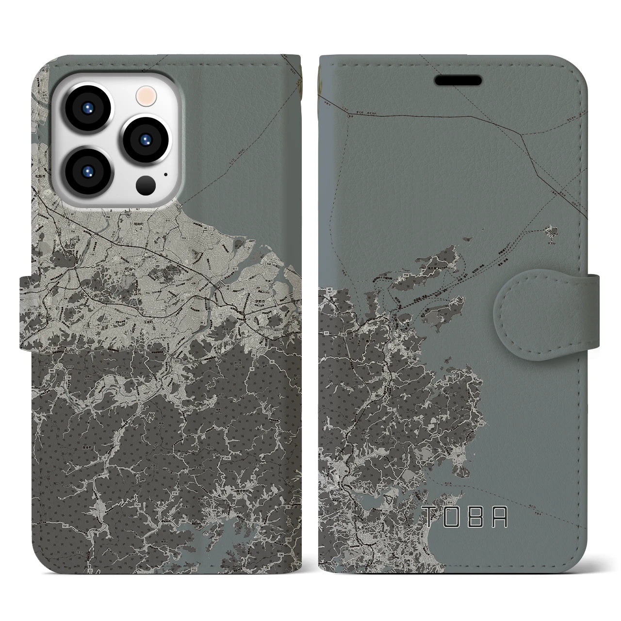 【鳥羽(三重県)】地図柄iPhoneケース(手帳タイプ)モノトーン・iPhone 13 Pro 用