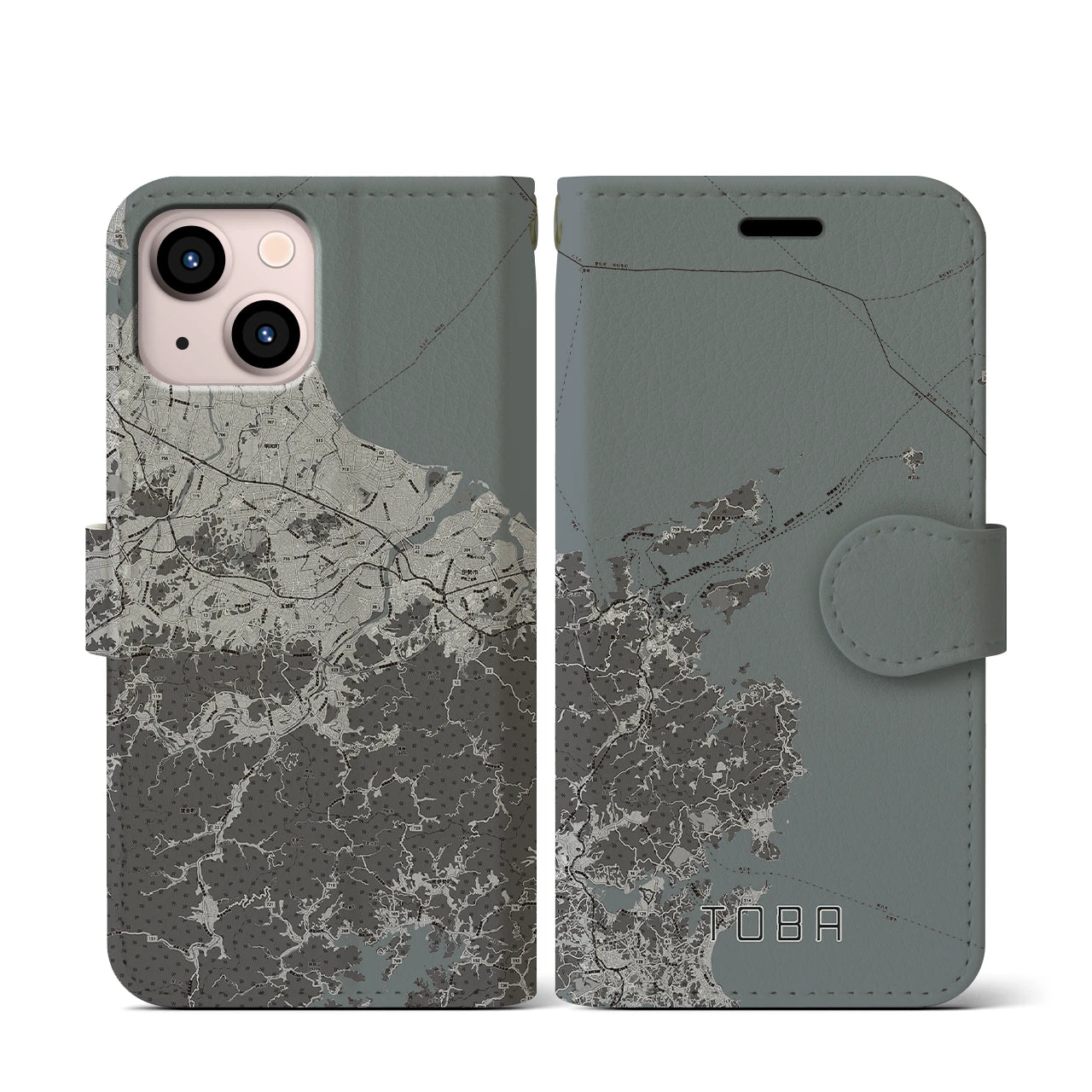 【鳥羽(三重県)】地図柄iPhoneケース(手帳タイプ)モノトーン・iPhone 13 mini 用