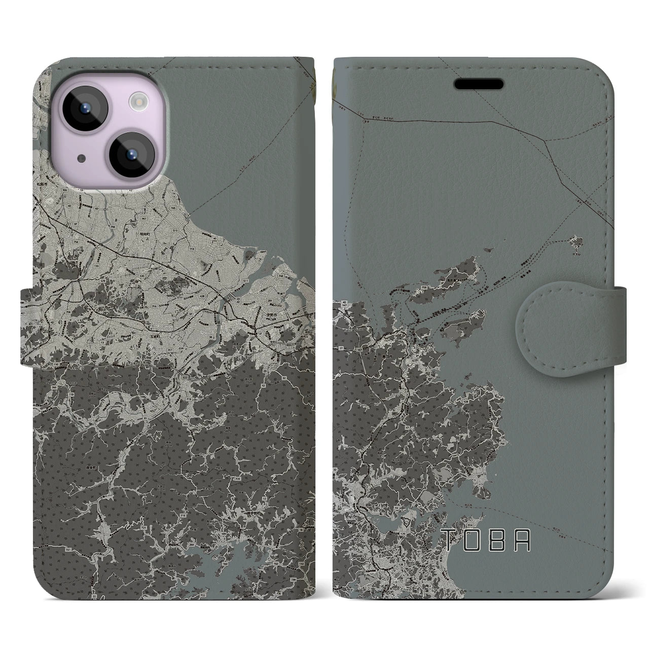 【鳥羽(三重県)】地図柄iPhoneケース(手帳タイプ)モノトーン・iPhone 14 用