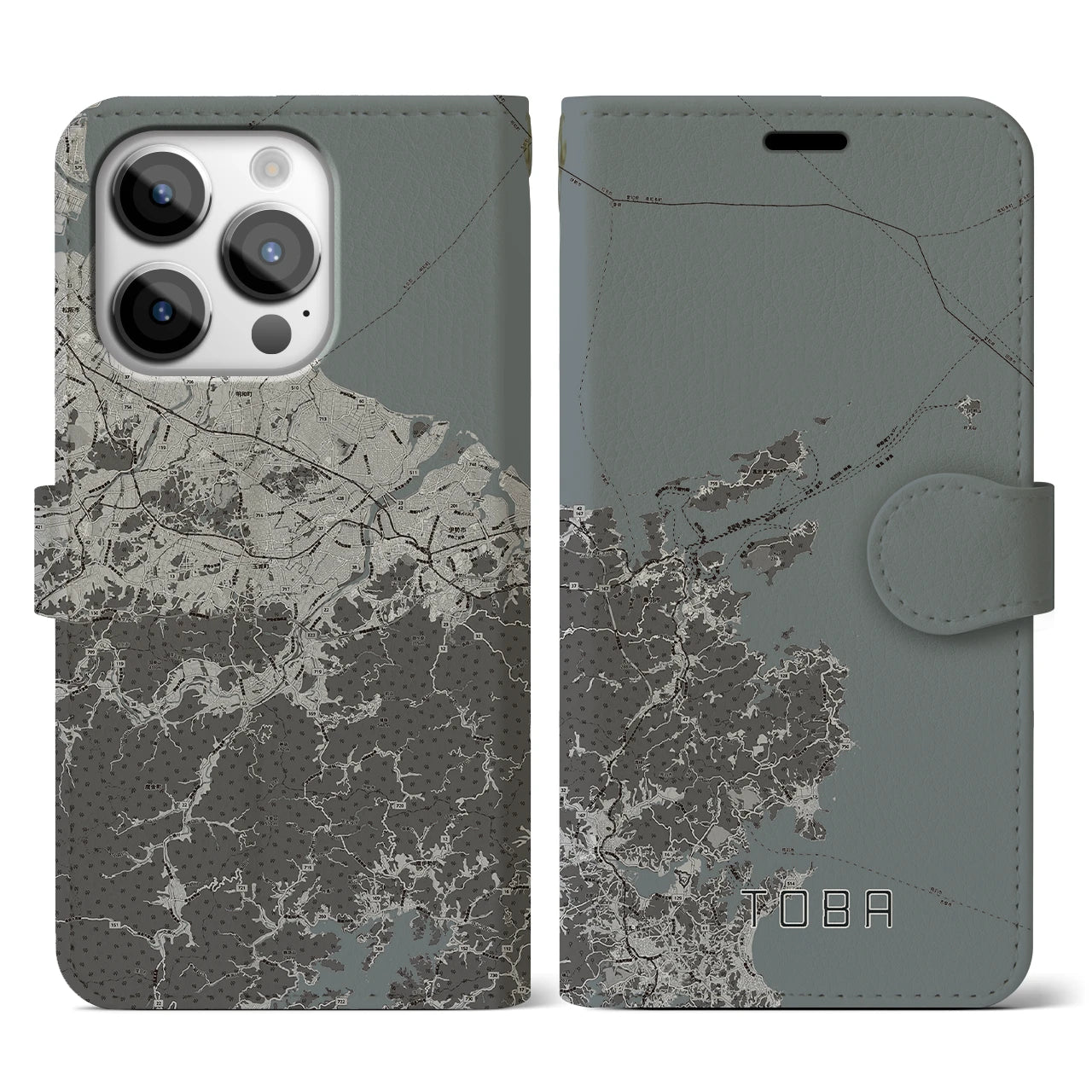 【鳥羽(三重県)】地図柄iPhoneケース(手帳タイプ)モノトーン・iPhone 14 Pro 用