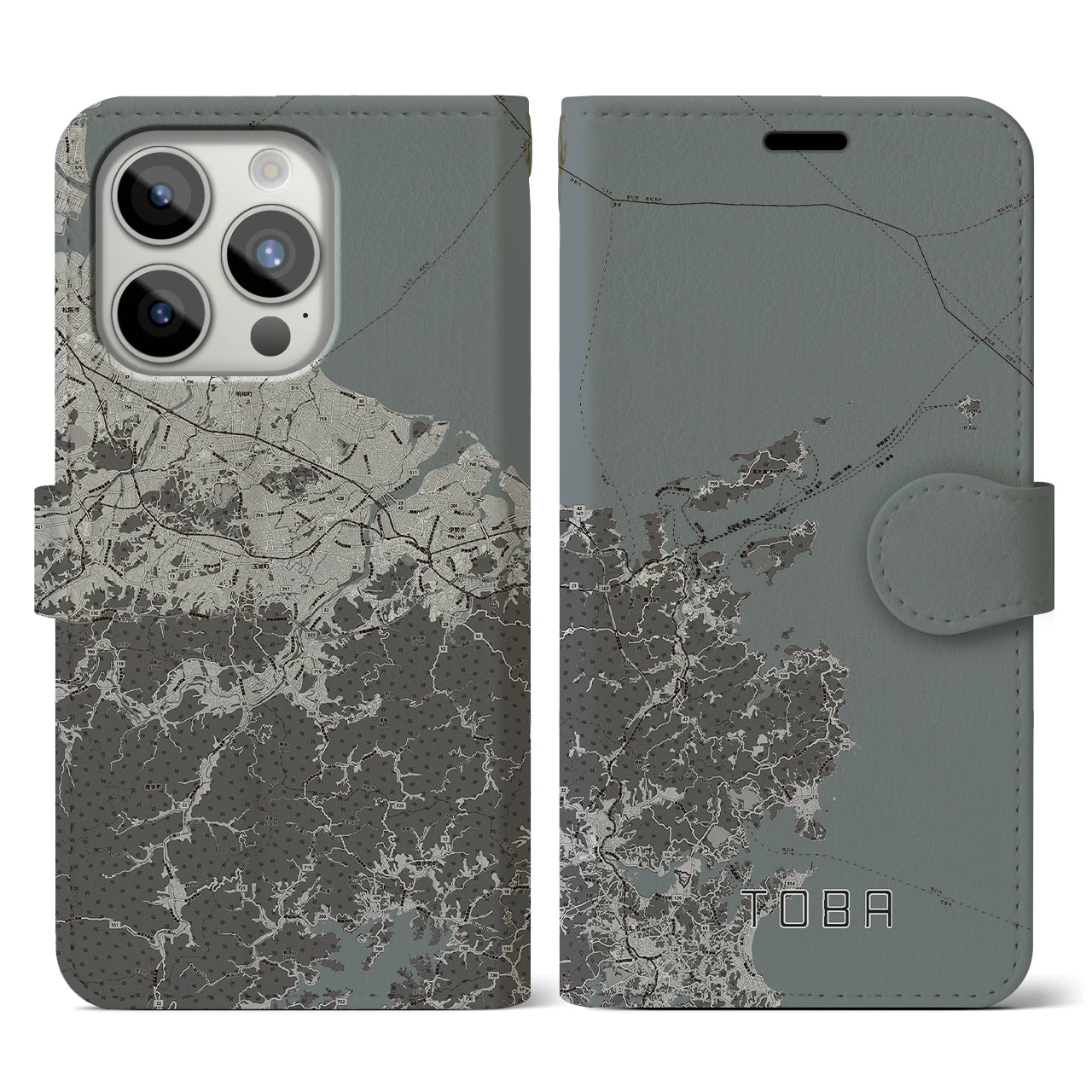 【鳥羽(三重県)】地図柄iPhoneケース(手帳タイプ)モノトーン・iPhone 15 Pro 用