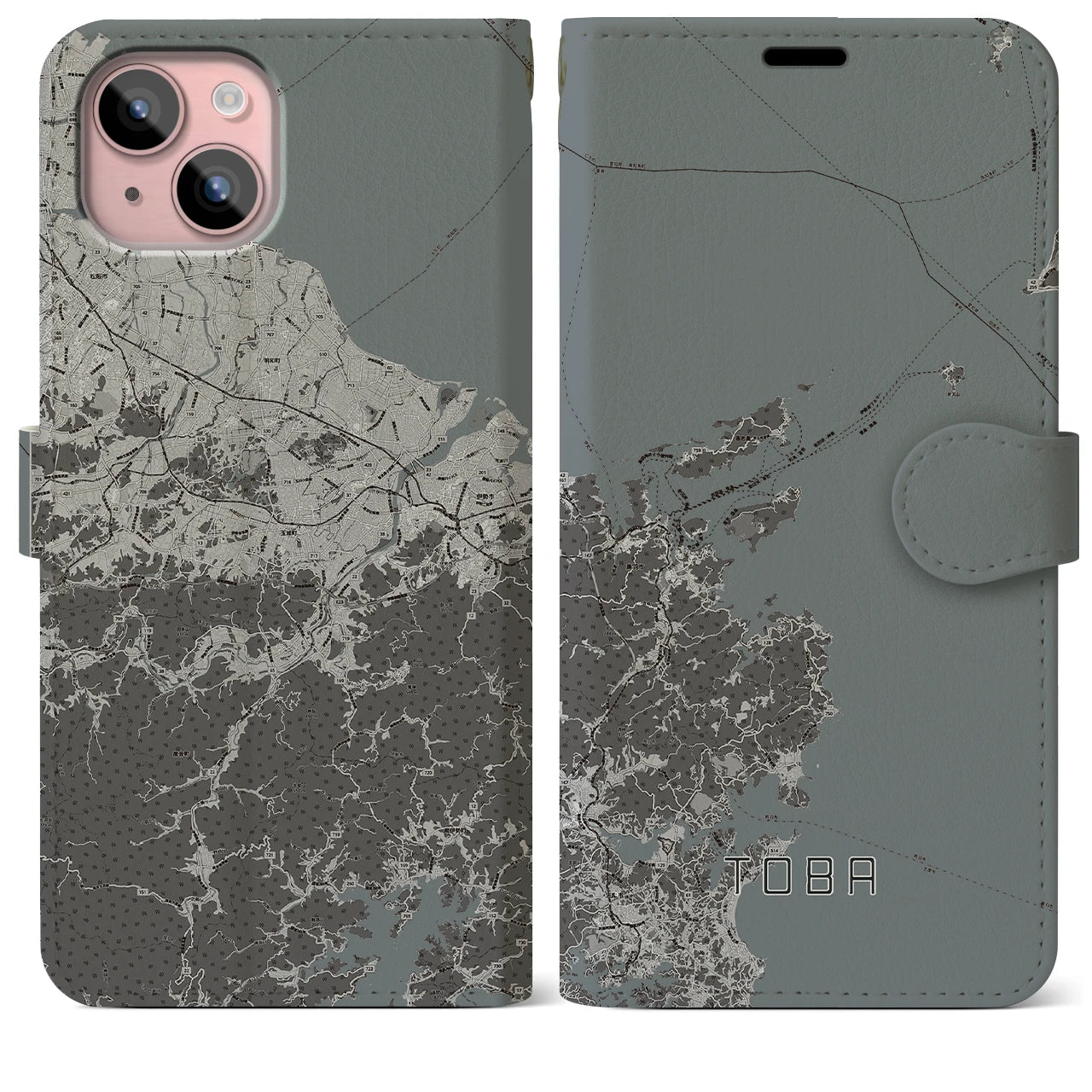 【鳥羽(三重県)】地図柄iPhoneケース(手帳タイプ)モノトーン・iPhone 15 Plus 用