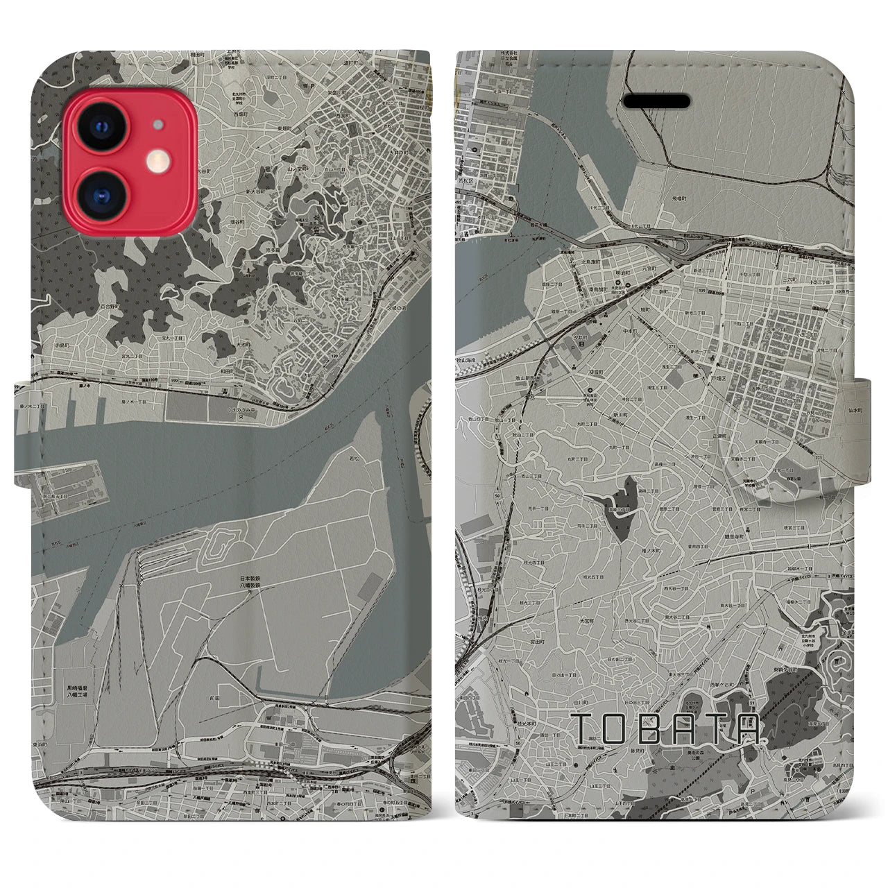 【戸畑(福岡県)】地図柄iPhoneケース(手帳タイプ)モノトーン・iPhone 11 用