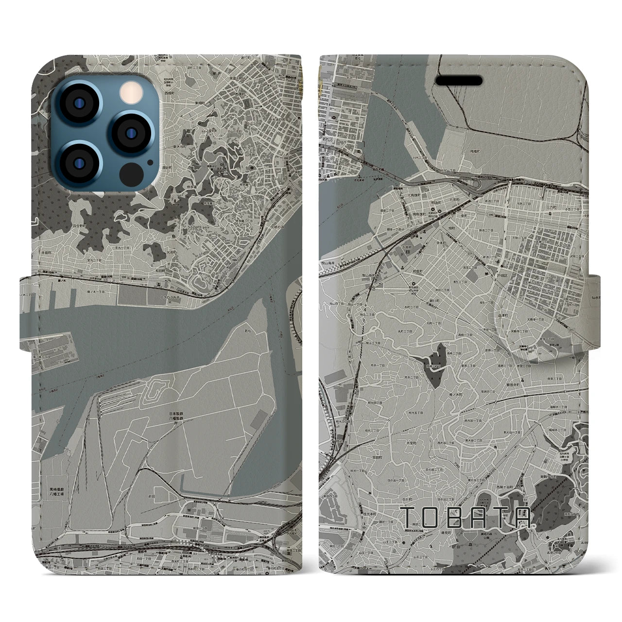 【戸畑(福岡県)】地図柄iPhoneケース(手帳タイプ)モノトーン・iPhone 12 / 12 Pro 用