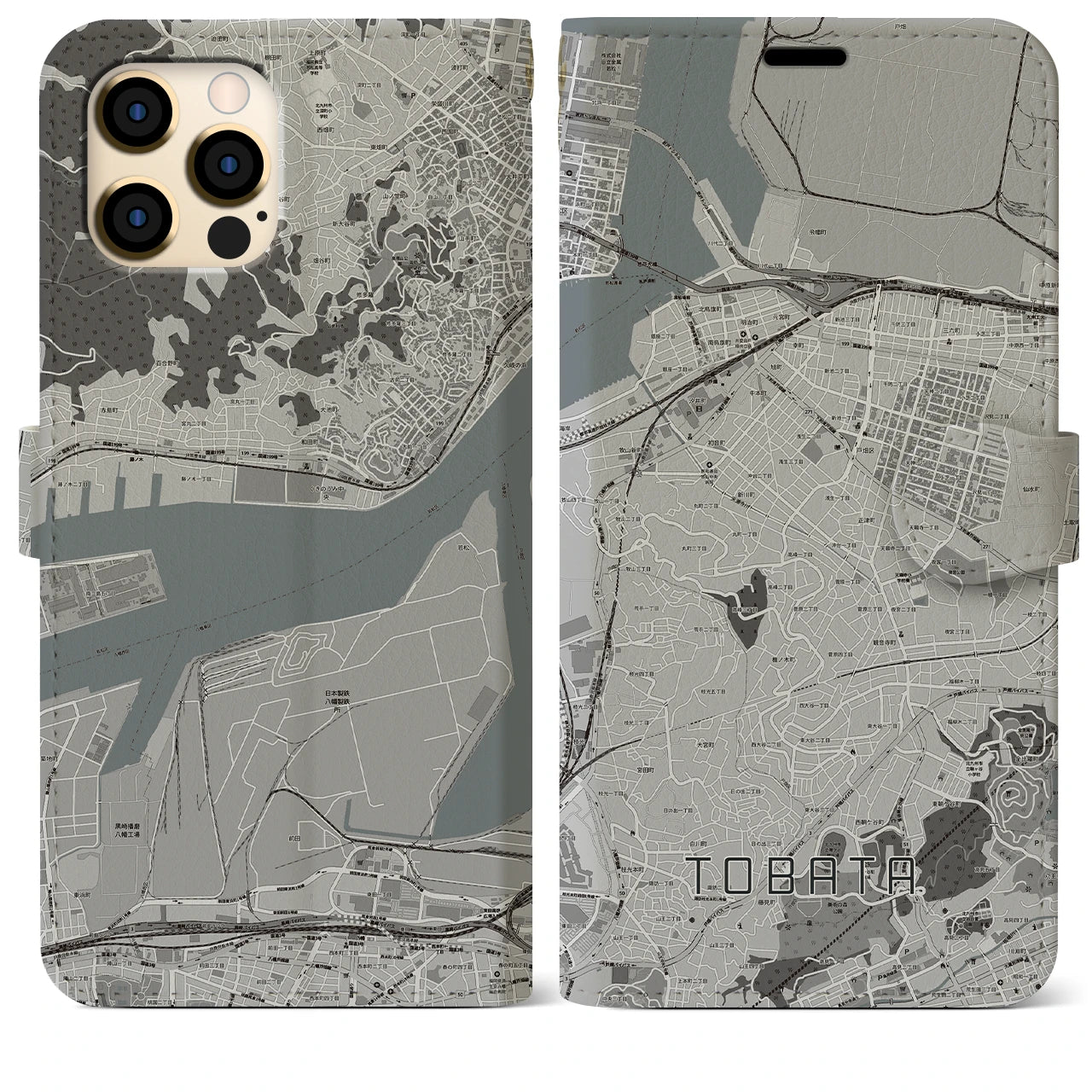 【戸畑(福岡県)】地図柄iPhoneケース(手帳タイプ)モノトーン・iPhone 12 Pro Max 用