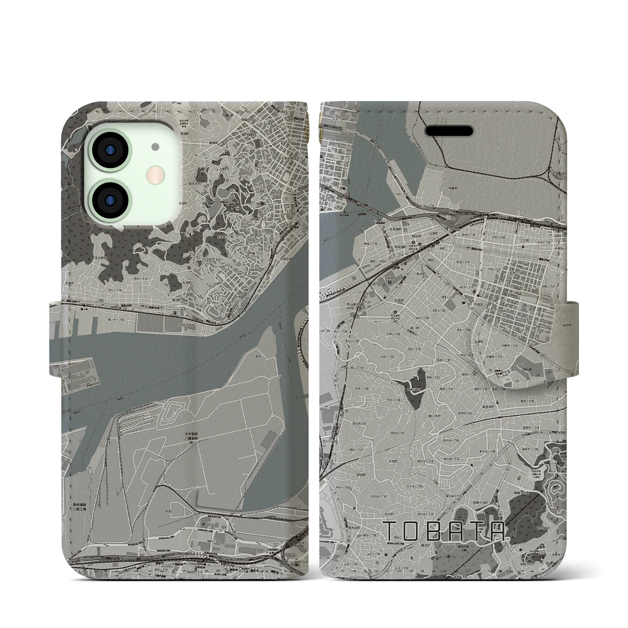 【戸畑(福岡県)】地図柄iPhoneケース(手帳タイプ)モノトーン・iPhone 12 mini 用