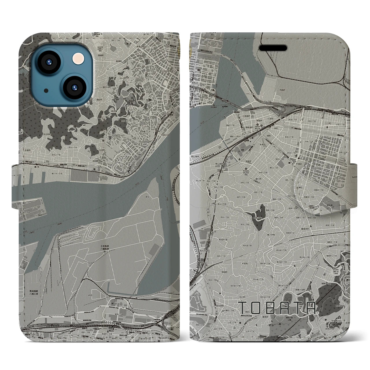 【戸畑(福岡県)】地図柄iPhoneケース(手帳タイプ)モノトーン・iPhone 13 用