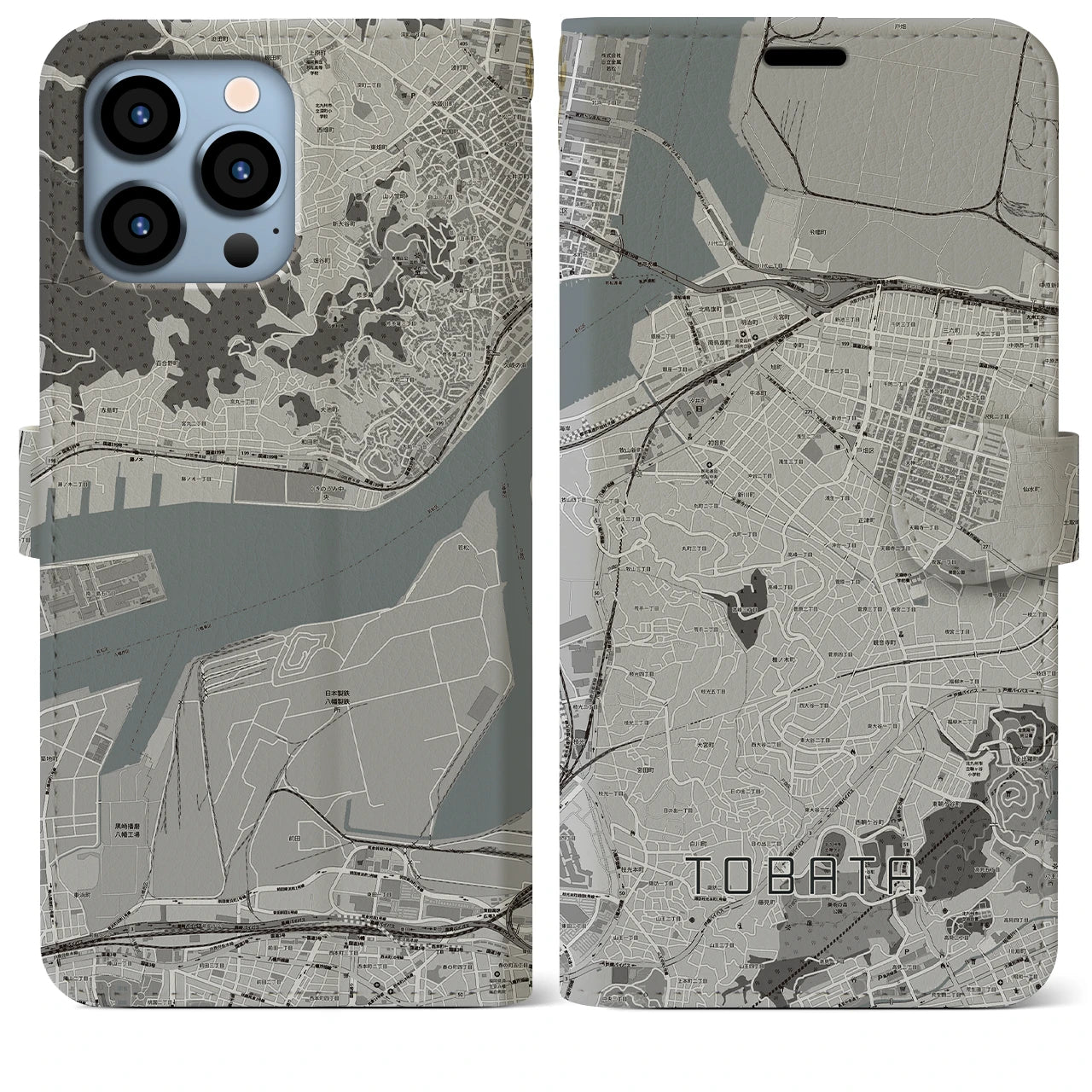【戸畑(福岡県)】地図柄iPhoneケース(手帳タイプ)モノトーン・iPhone 13 Pro Max 用