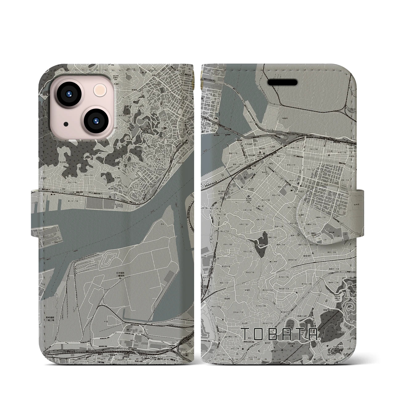 【戸畑(福岡県)】地図柄iPhoneケース(手帳タイプ)モノトーン・iPhone 13 mini 用