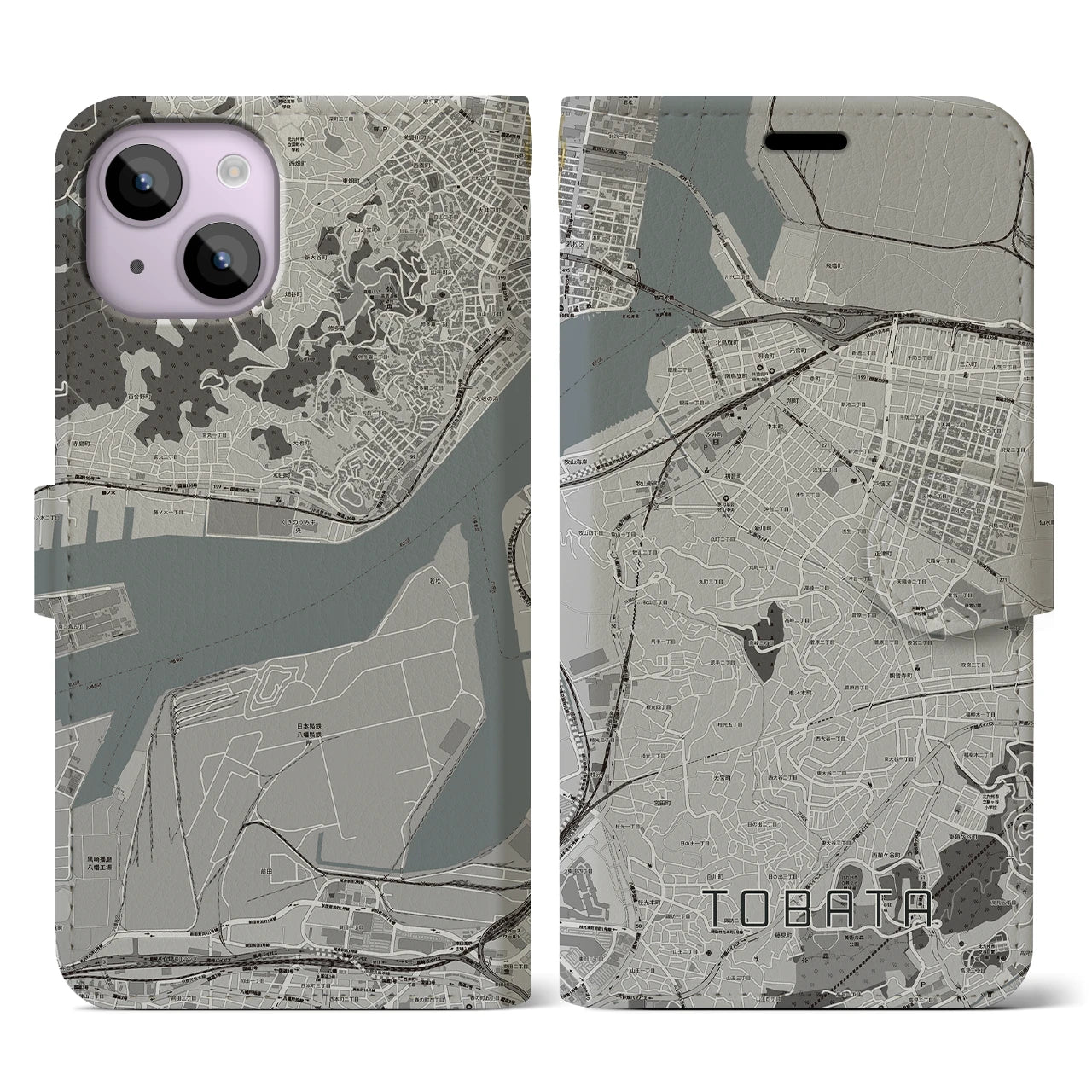 【戸畑(福岡県)】地図柄iPhoneケース(手帳タイプ)モノトーン・iPhone 14 用