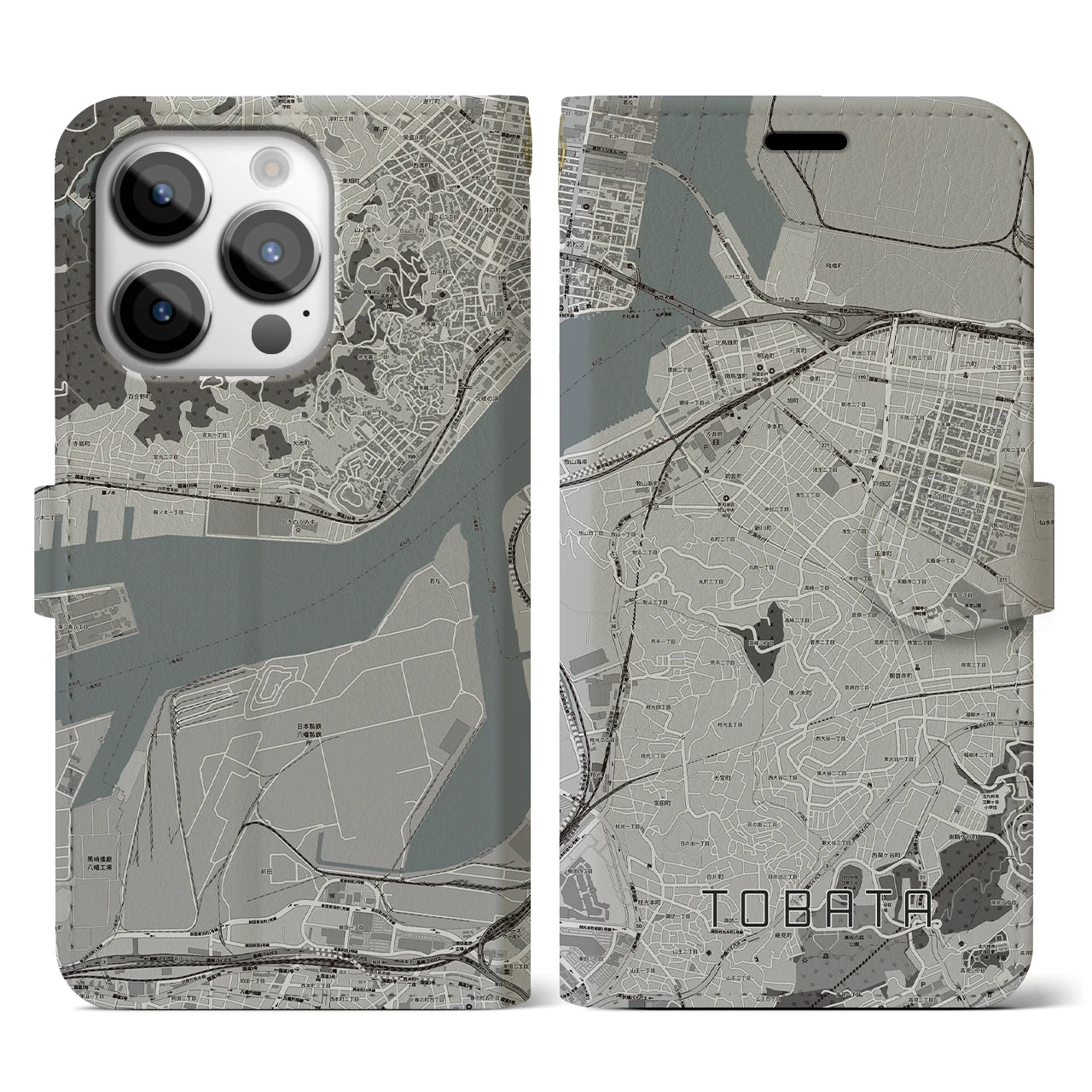 【戸畑(福岡県)】地図柄iPhoneケース(手帳タイプ)モノトーン・iPhone 14 Pro 用