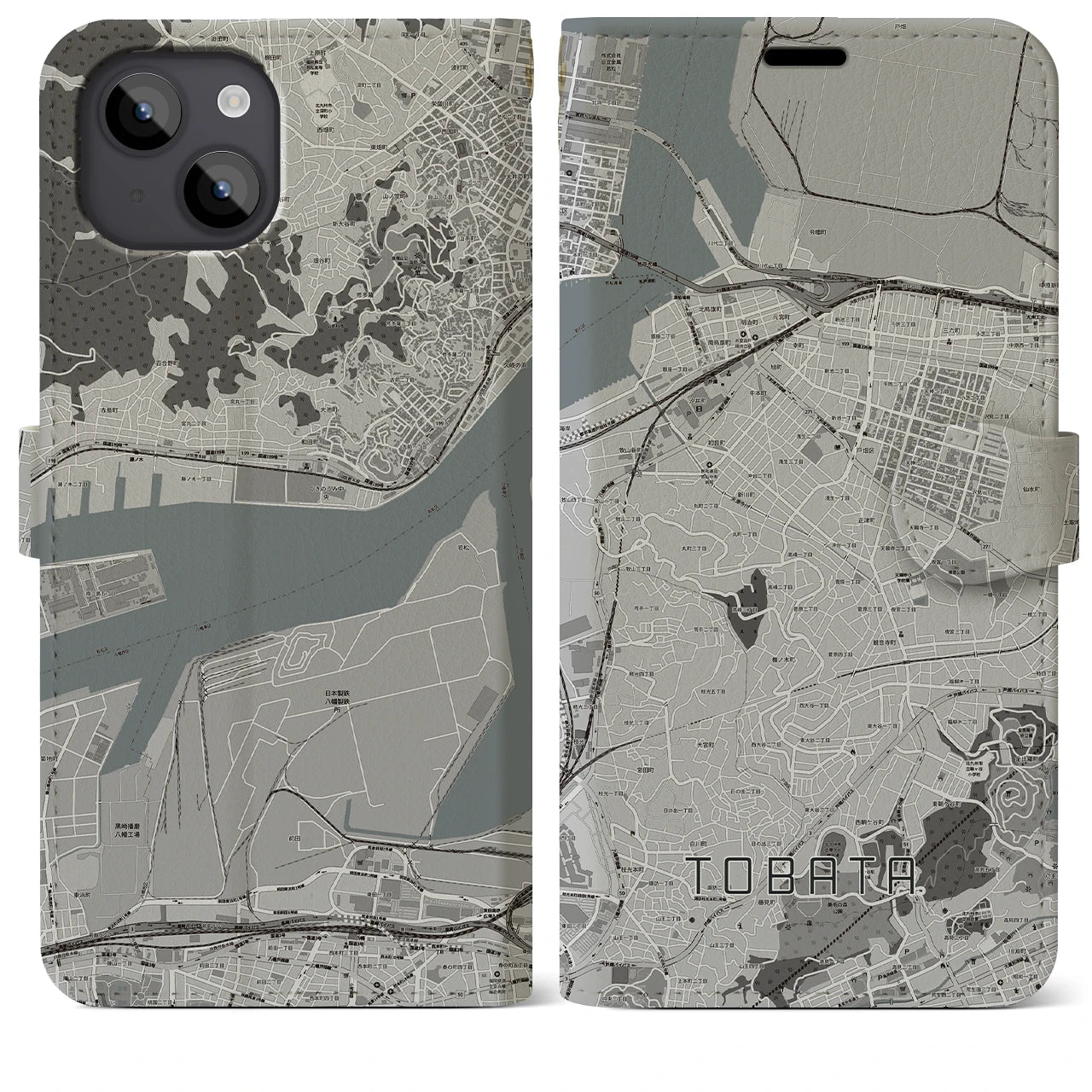 【戸畑(福岡県)】地図柄iPhoneケース(手帳タイプ)モノトーン・iPhone 14 Plus 用