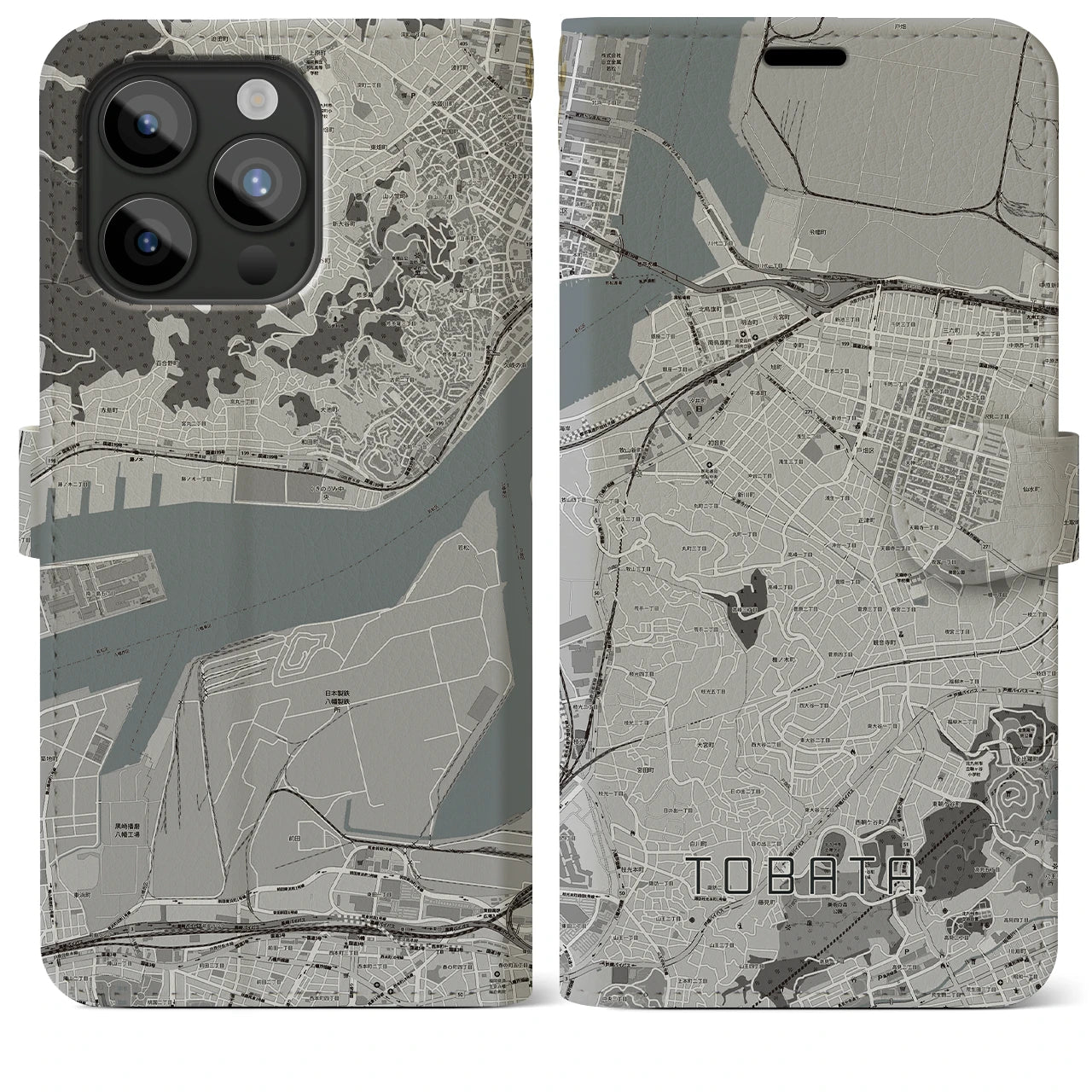 【戸畑(福岡県)】地図柄iPhoneケース(手帳タイプ)モノトーン・iPhone 15 Pro Max 用