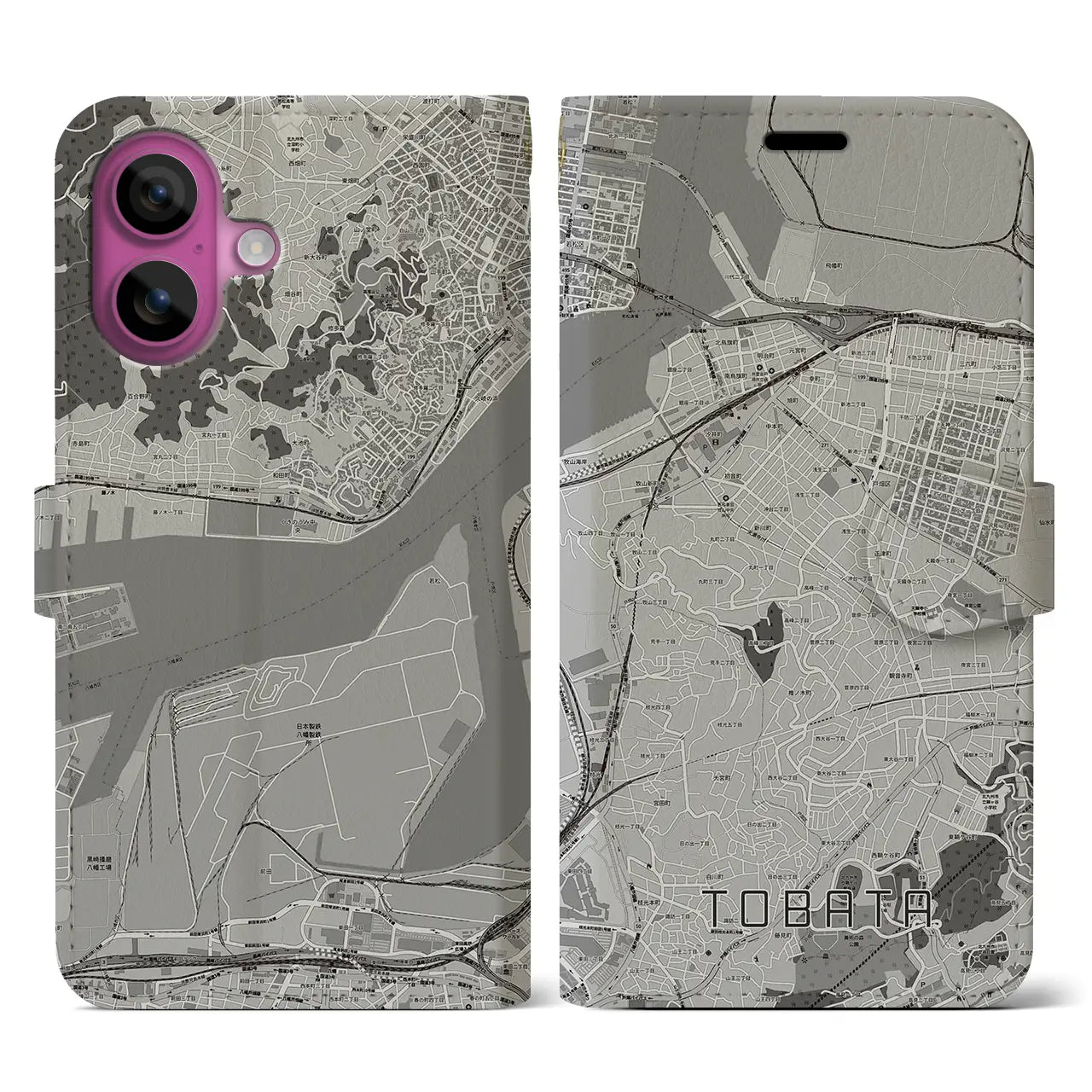 【戸畑(福岡県)】地図柄iPhoneケース(手帳タイプ)モノトーン・iPhone 16 Pro 用