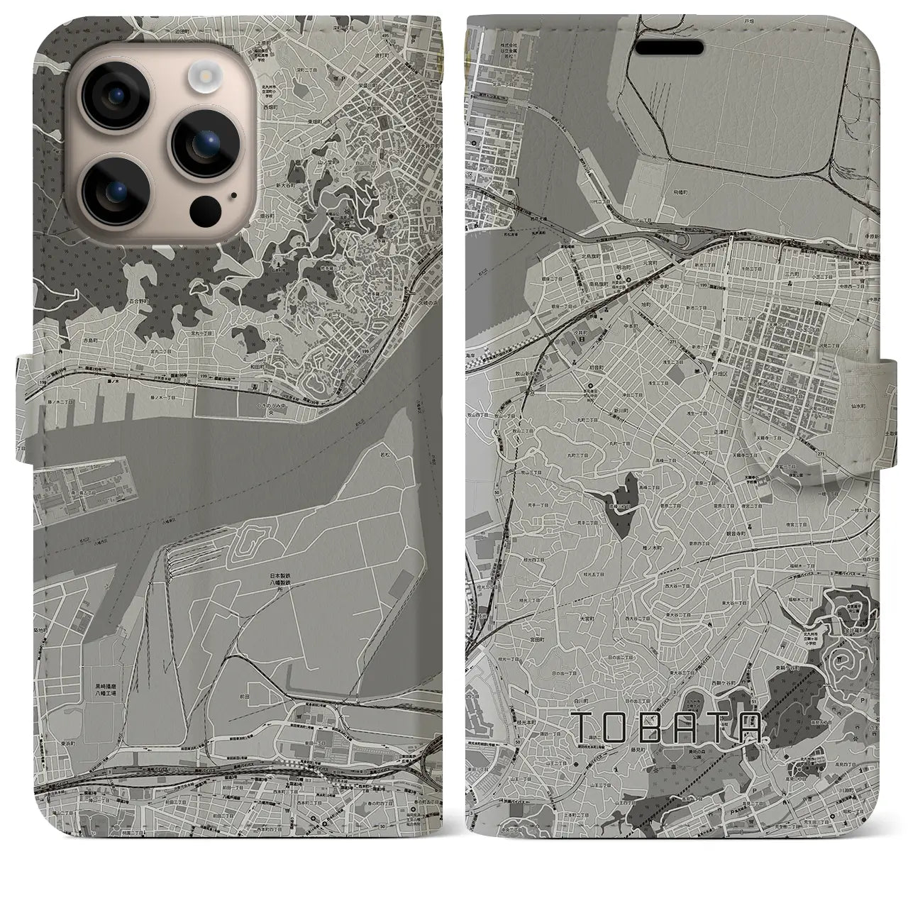 【戸畑(福岡県)】地図柄iPhoneケース(手帳タイプ)モノトーン・iPhone 16 Plus 用
