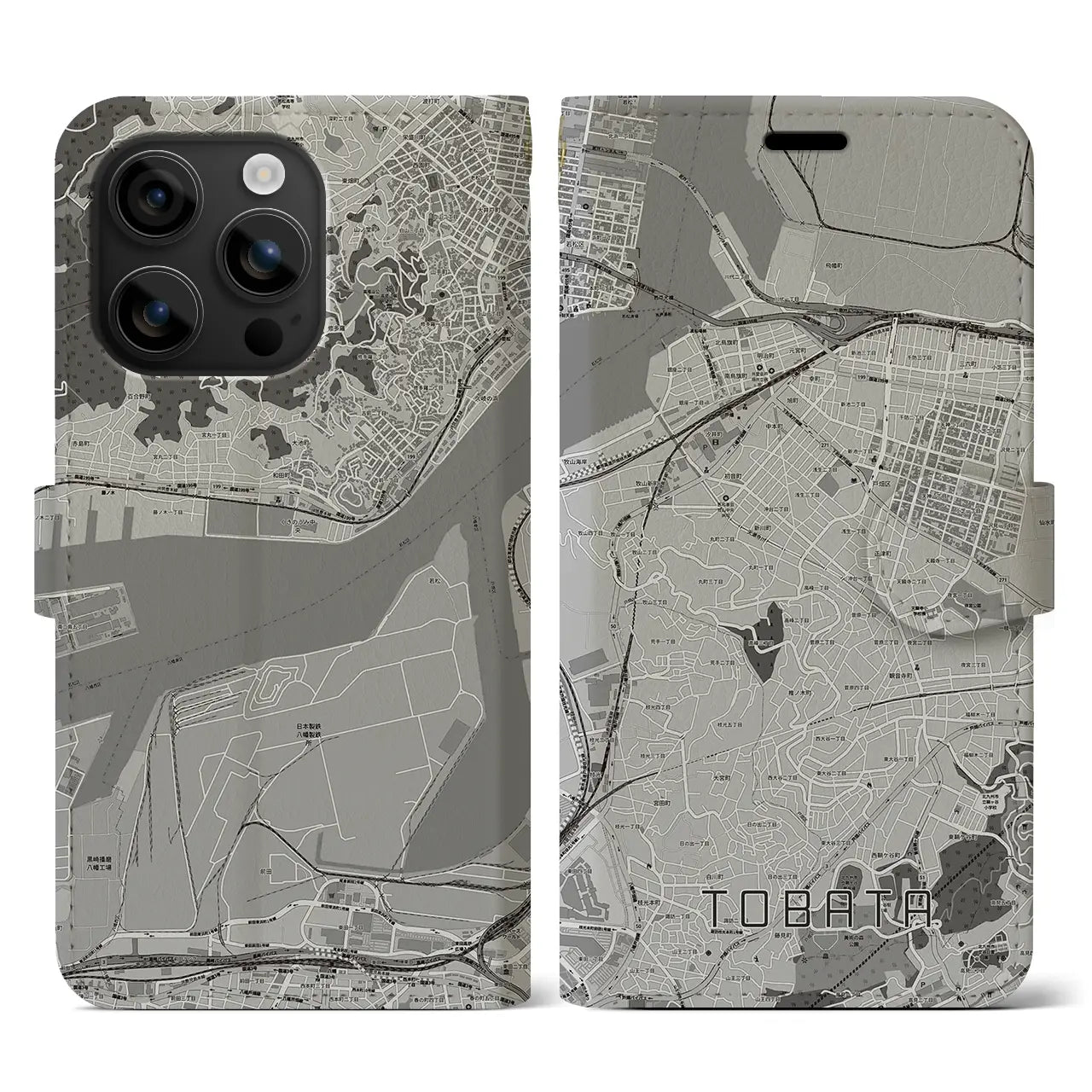 【戸畑(福岡県)】地図柄iPhoneケース(手帳タイプ)モノトーン・iPhone 16 用