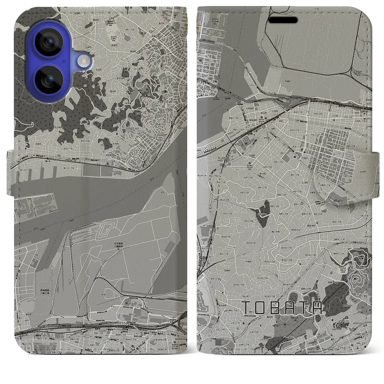 【戸畑(福岡県)】地図柄iPhoneケース(手帳タイプ)モノトーン・iPhone 16 Pro Max 用
