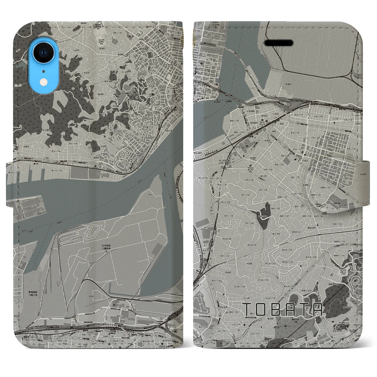 【戸畑(福岡県)】地図柄iPhoneケース(手帳タイプ)モノトーン・iPhone XR 用