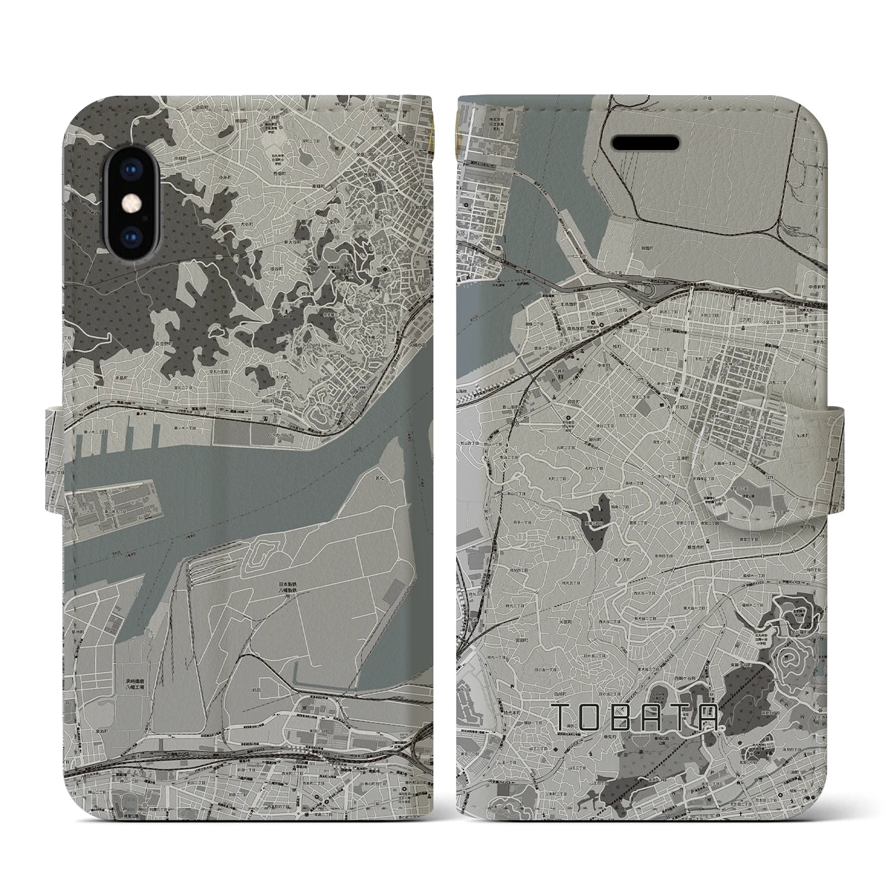 【戸畑(福岡県)】地図柄iPhoneケース(手帳タイプ)モノトーン・iPhone XS / X 用