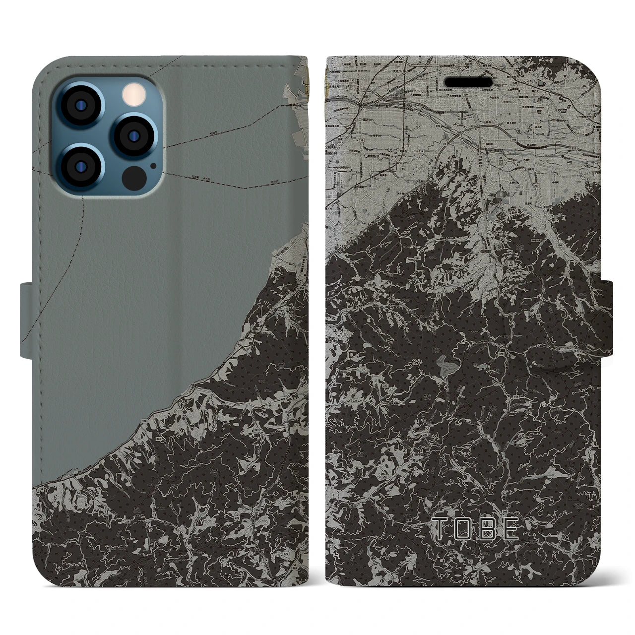 【砥部(愛媛県)】地図柄iPhoneケース(手帳タイプ)モノトーン・iPhone 12 / 12 Pro 用