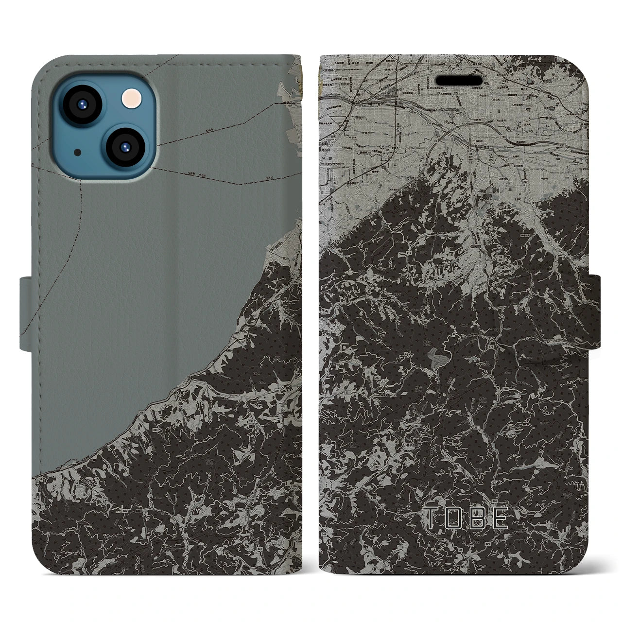 【砥部(愛媛県)】地図柄iPhoneケース(手帳タイプ)モノトーン・iPhone 13 用